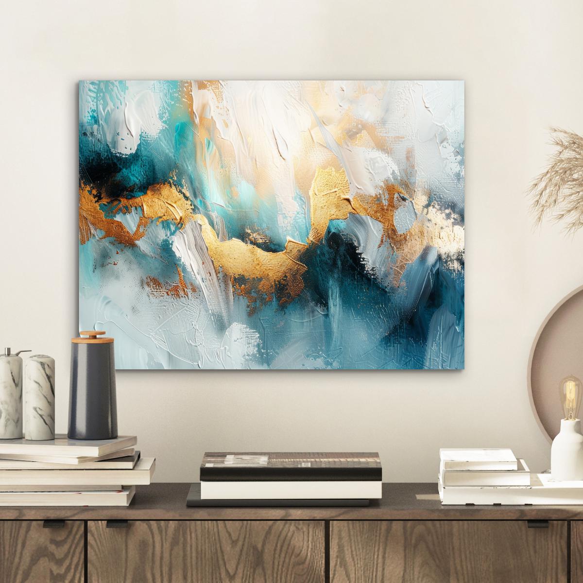 METALLBILD Abstrakt - Kunst - Gold - Blau 40x30 cm - Petrol, Metall (40/30cm) - MuchoWow