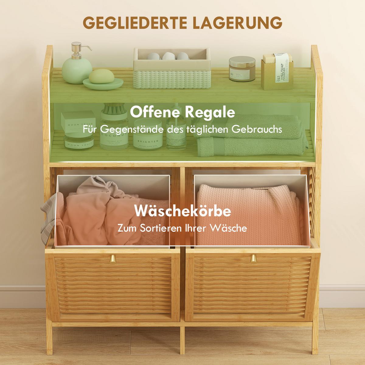 WÄSCHEKORB Bambus Polyester Naturholz - Naturfarben, Holz/Textil (33/88/82cm) - HOMCOM