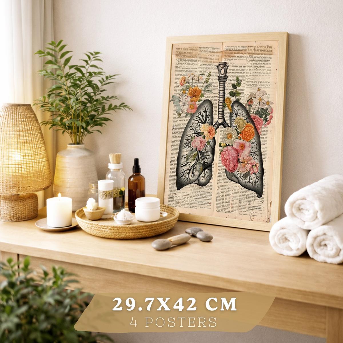 POSTER Set aus 4 Anatomie Drucke und Wandbilder mit Leber Lungen Atmungssystem Skelett Schädel Wirbelsäule Zeitungsstil Größe Leichter Holzrahmen A3 - Beige, Papier (29.7/42/3cm) - Nacnic