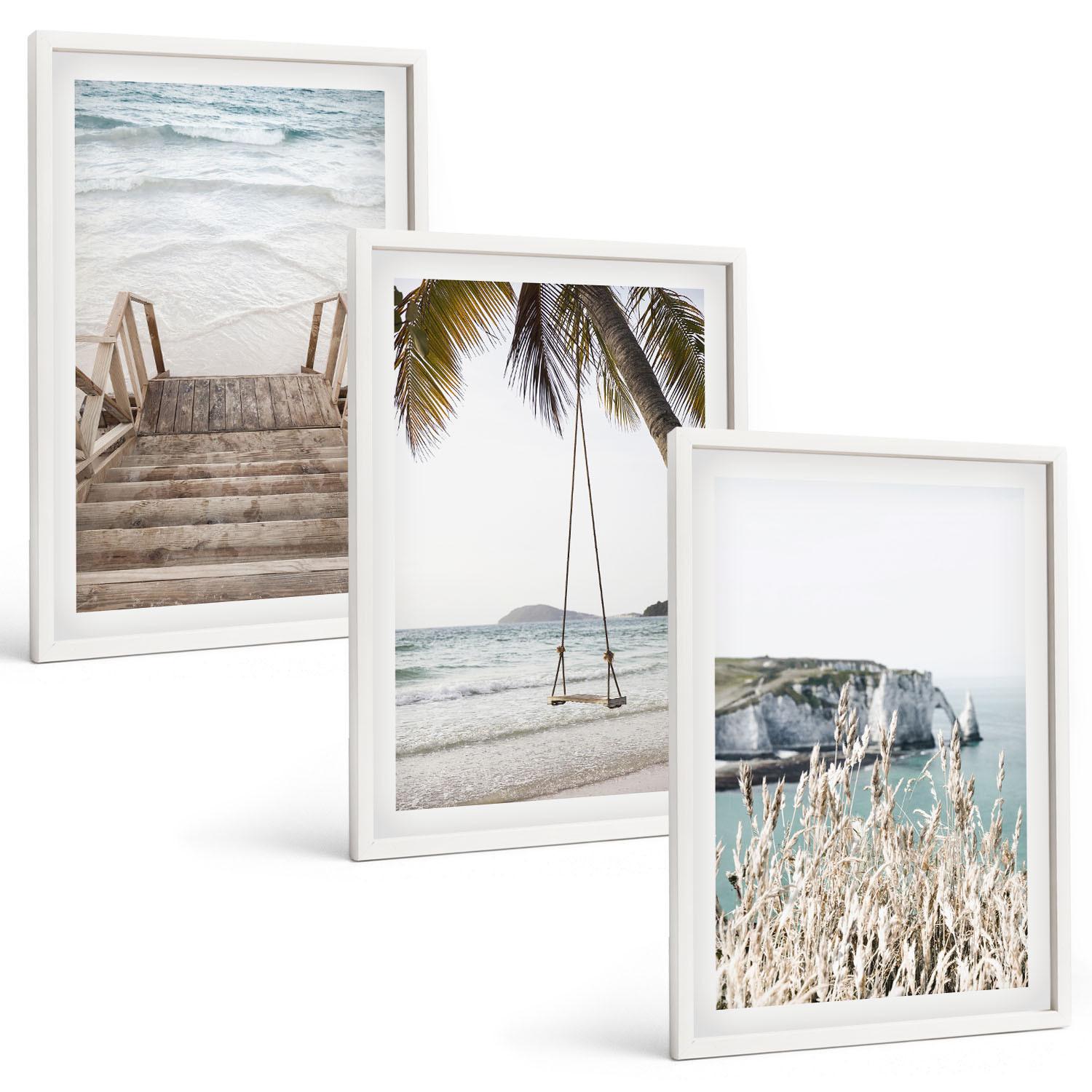 BILDER SET 3er Set - 40x60 cm Weißer Rahmen - Strandtreppe aus Holz, Schaukel - Weiß, Kunststoff (40/60cm) - TULUP