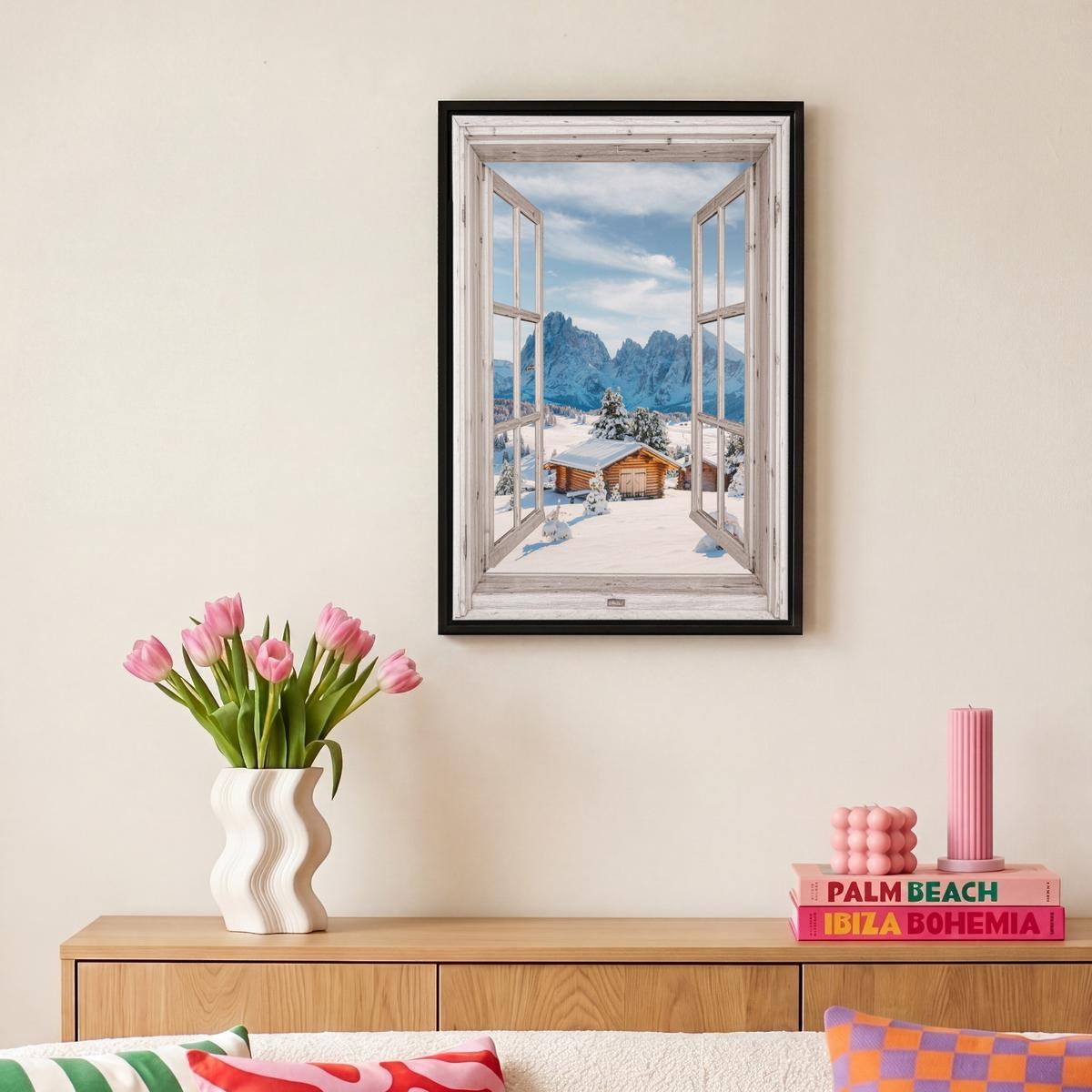 LEINWAND Bilder mit Rahmen - Winterlandschaft - Hütte - Berge - Ausblicke - Aussicht - Natur - 20x30 - Weiß Hochglanz, Textil (20/30cm) - MuchoWow