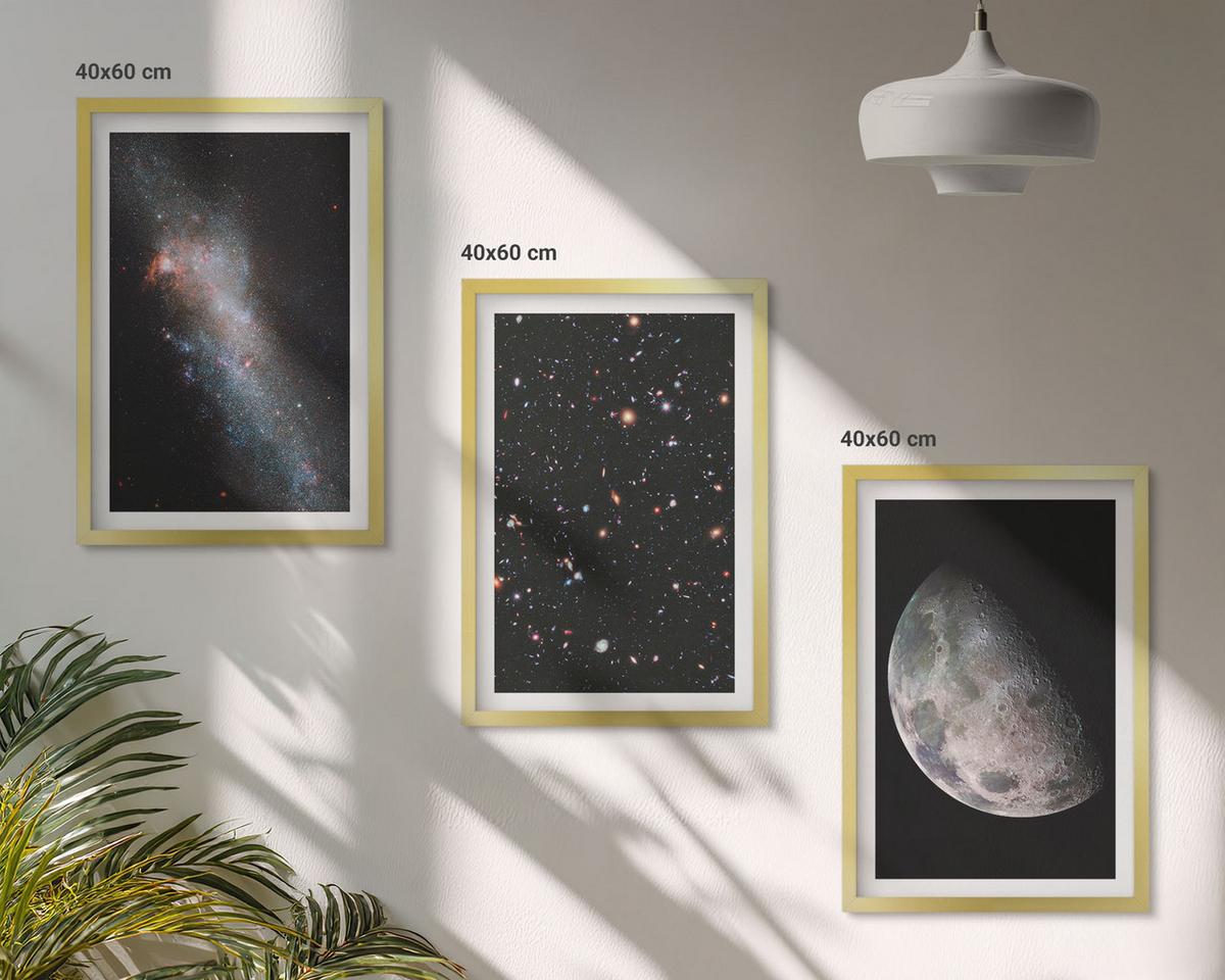 BILDER SET 3er Set - 40x60 cm Goldrahmen - Weltraum Galaxien Sterne Mond - Goldfarben, Kunststoff (40/60cm) - TULUP