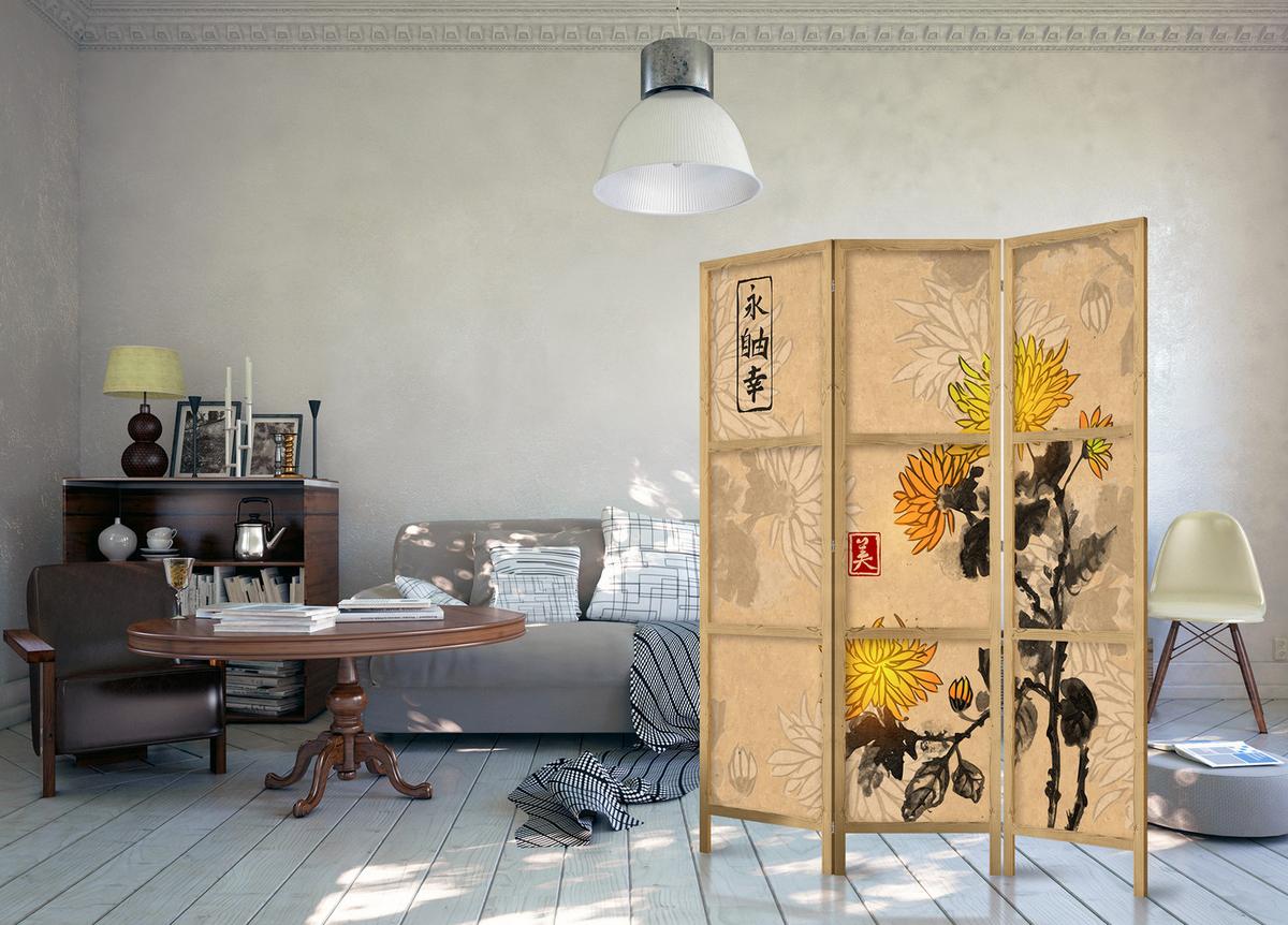 PARAVENT Japanischer 3-tlg 135x172 cm Aquarell Chrysanthemen - Braun, Holz/Textil (135/172/3cm) - Muralo