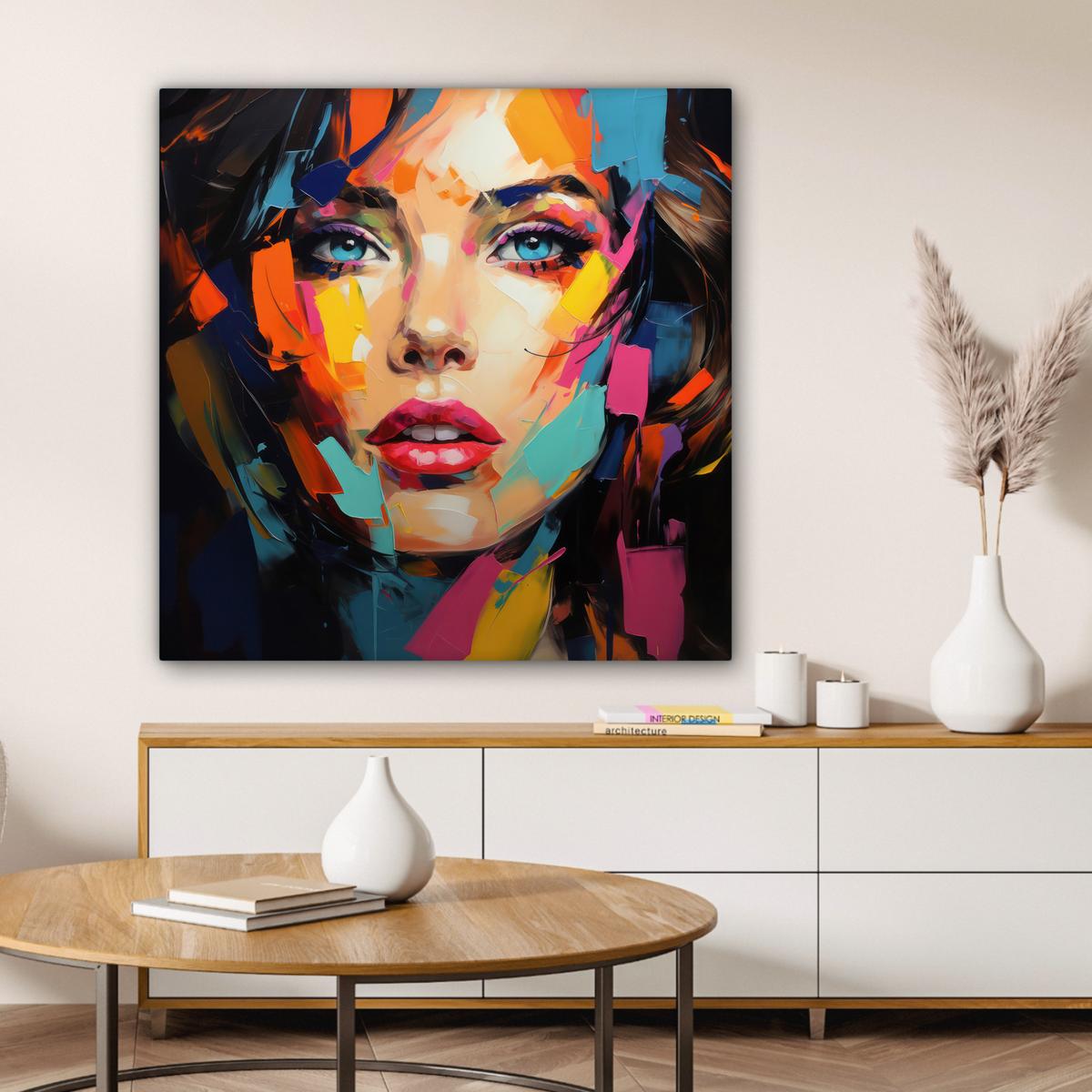 LEINWANDBILD Frau - Porträt - Farbenfroh - Kunst Deko Groß 90x90 cm - Multicolor, Textil (90/90cm) - MuchoWow