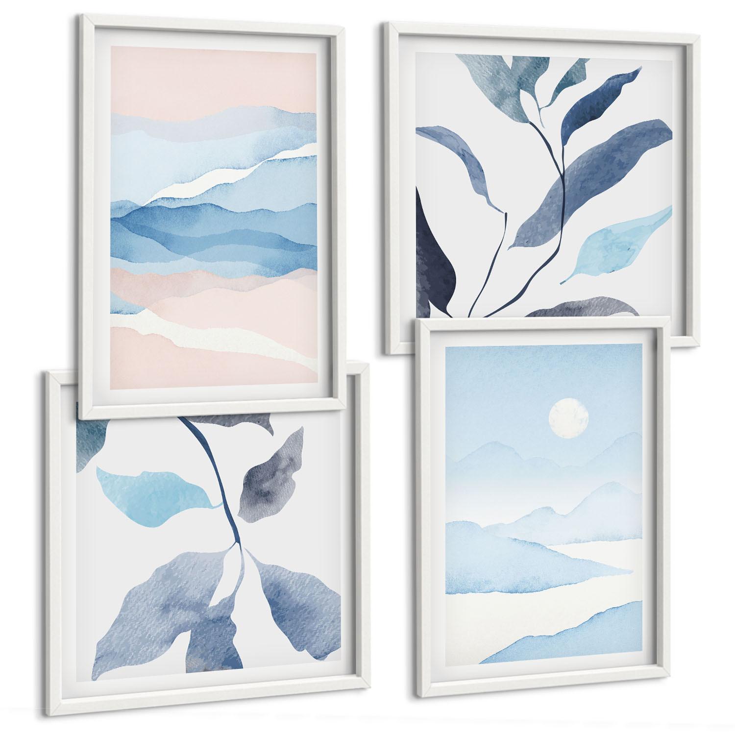 BILDER SET 4er Set - 50x50 cm & 40x60 cm Weißer Rahmen - Berglandschaften, Aquarellpflanzen - Weiß, Kunststoff (50/50cm) - TULUP