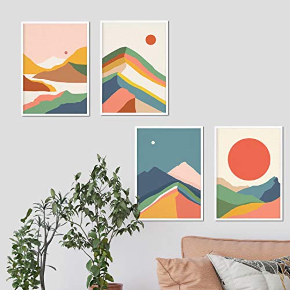POSTER Set mit 4 bunten Berge und Flüssen A4 Schwarzer Rahmen - Schwarz, Papier (29.7/3cm) - Nacnic