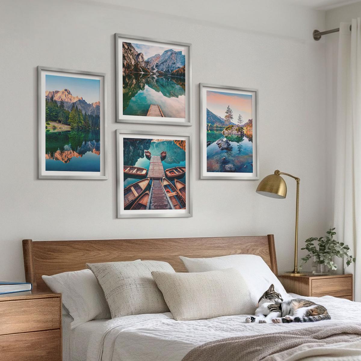 BILDER SET 4er Set - 50x50 cm & 40x60 cm Silberner Rahmen - Spiegelung des Waldes in Bergseen - Silberfarben, Kunststoff (50/50cm) - TULUP