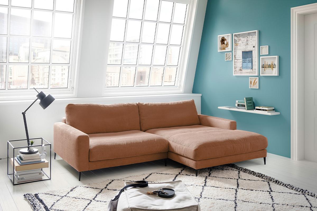 ECKSOFA CARA Braun Cord - Schwarz/Braun, Textil/Metall (272/190cm) - KAWOLA