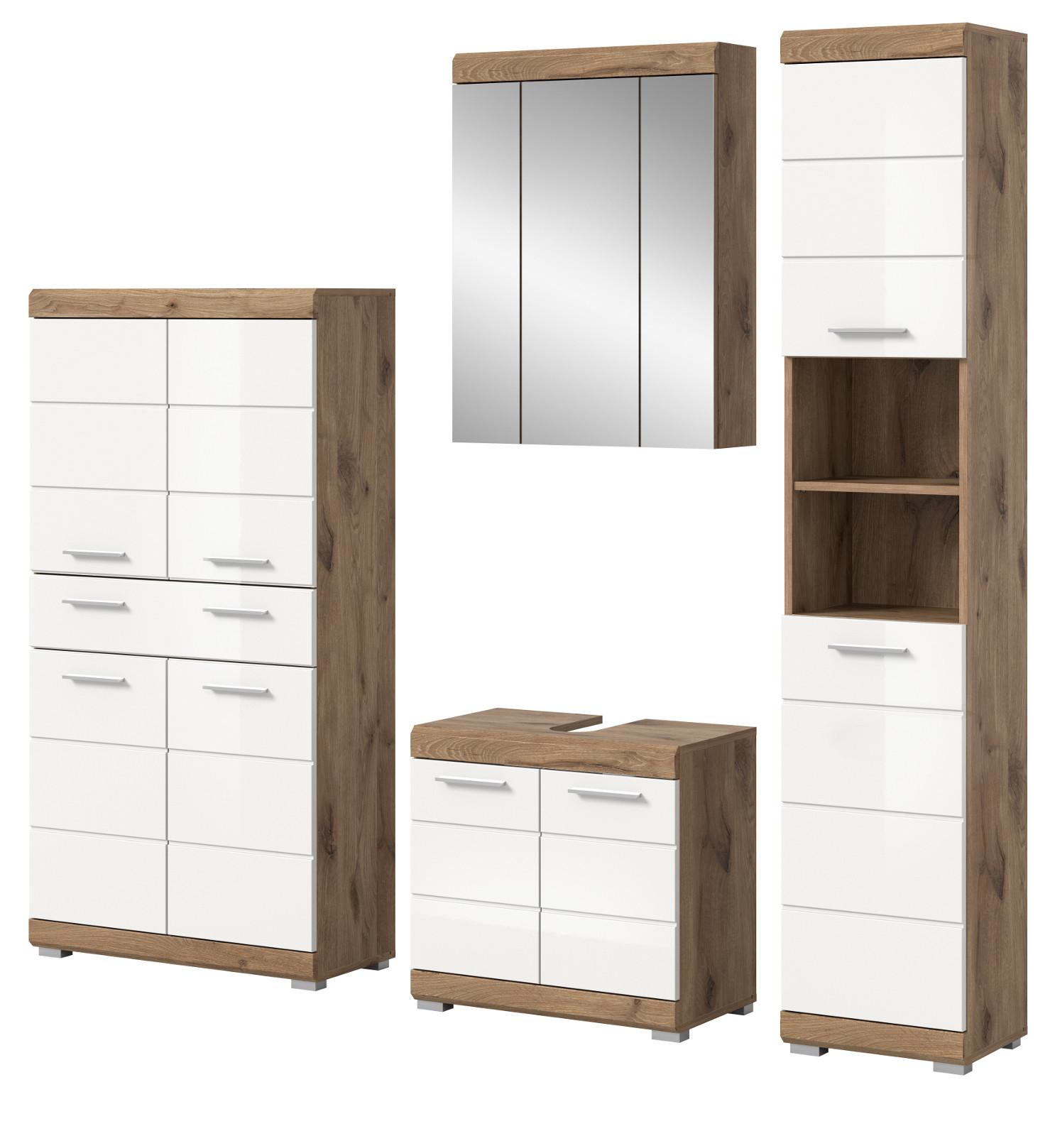 BADMÖBEL-SET weiß Hochglanz, Eiche 4-teilig 200 cm mit viel Stauraum - Weiß Hochglanz/Eichefarben, Glas/Holzwerkstoff (200/191/34cm) - Inn.Furn