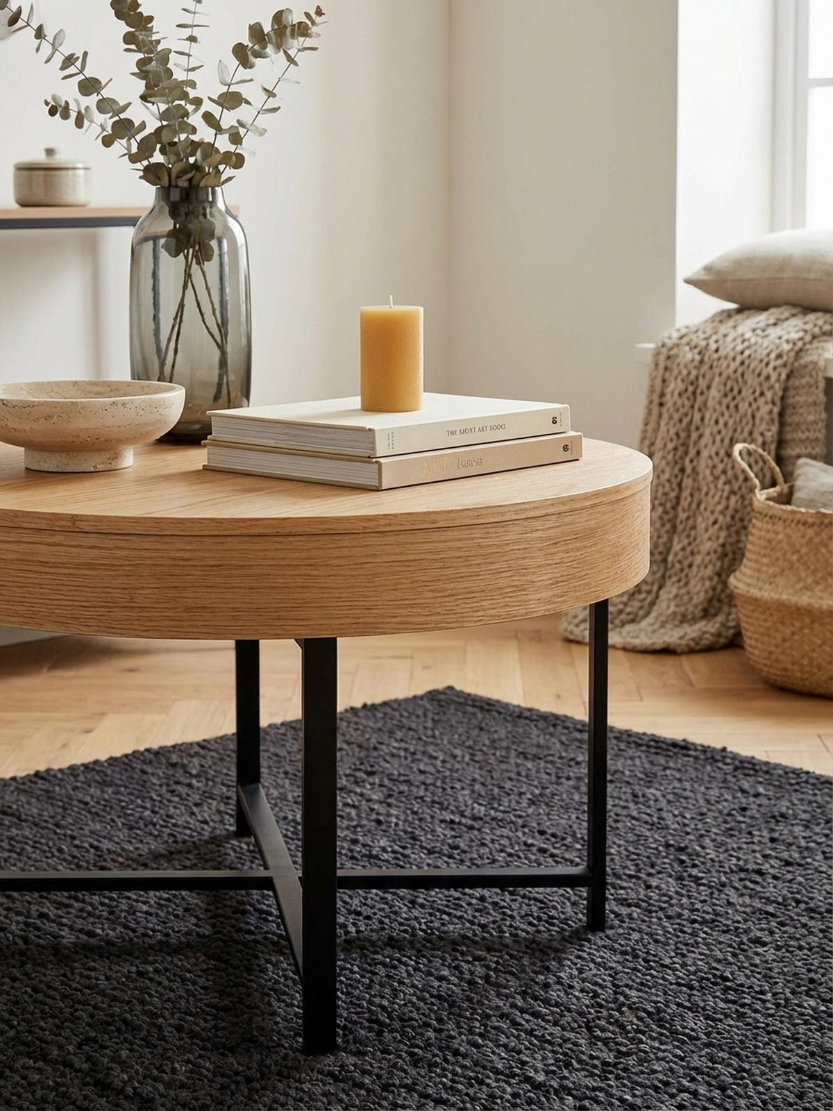 COUCHTISCH in Holzoptik mit Metallbeinen, Rund, Stauraumfunktion, Maße 69x49x69 cm - Schwarz/Braun, Holz/Metall (69/69/49cm) - KADIMA DESIGN