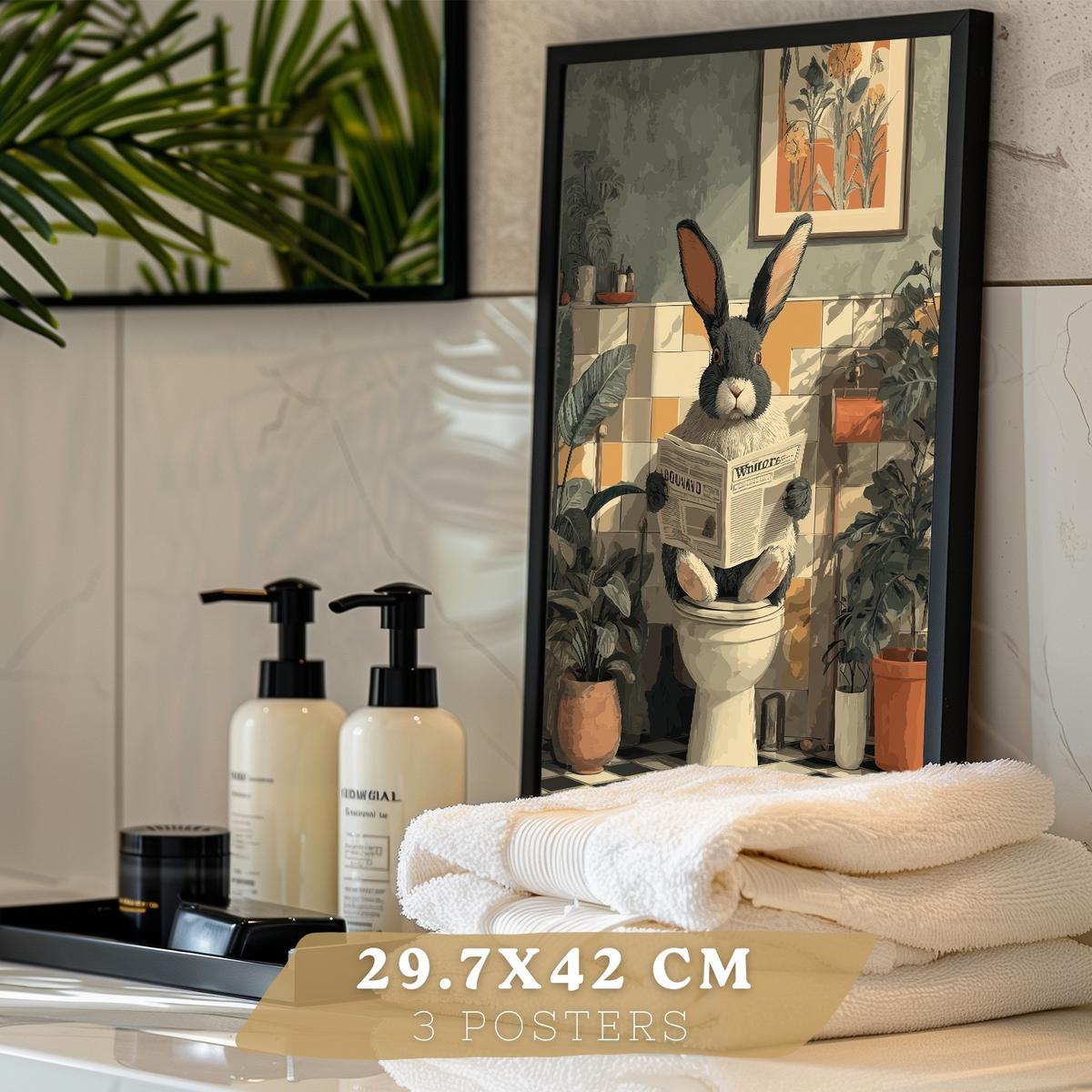 POSTER 3er-Set Tierdrucke im Badezimmer, lustige Waschbär Kaninchen-Dekorationsbilder im modernen Vintage-Stil für und Toilette Schwarzer Rahmen A3 - Schwarz, Papier (42/29.7/3cm) - Nacnic