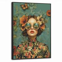 LEINWAND Bilder mit Rahmen - Frau - Blumen - Schmetterlinge - Natur - Vintage - 70x100 - Salbeigrün, Textil (70/100cm) - MuchoWow