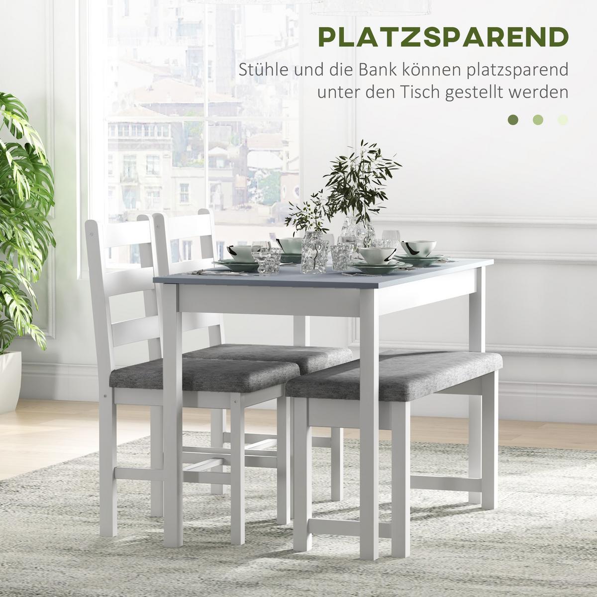 ESSGRUPPE, Esstisch mit 2 Gepolsterten Stühlen, Bank, 4-Teiliges Esstisch-Set - Weiß/Grau, Holz/Textil (65/75/108cm) - HOMCOM
