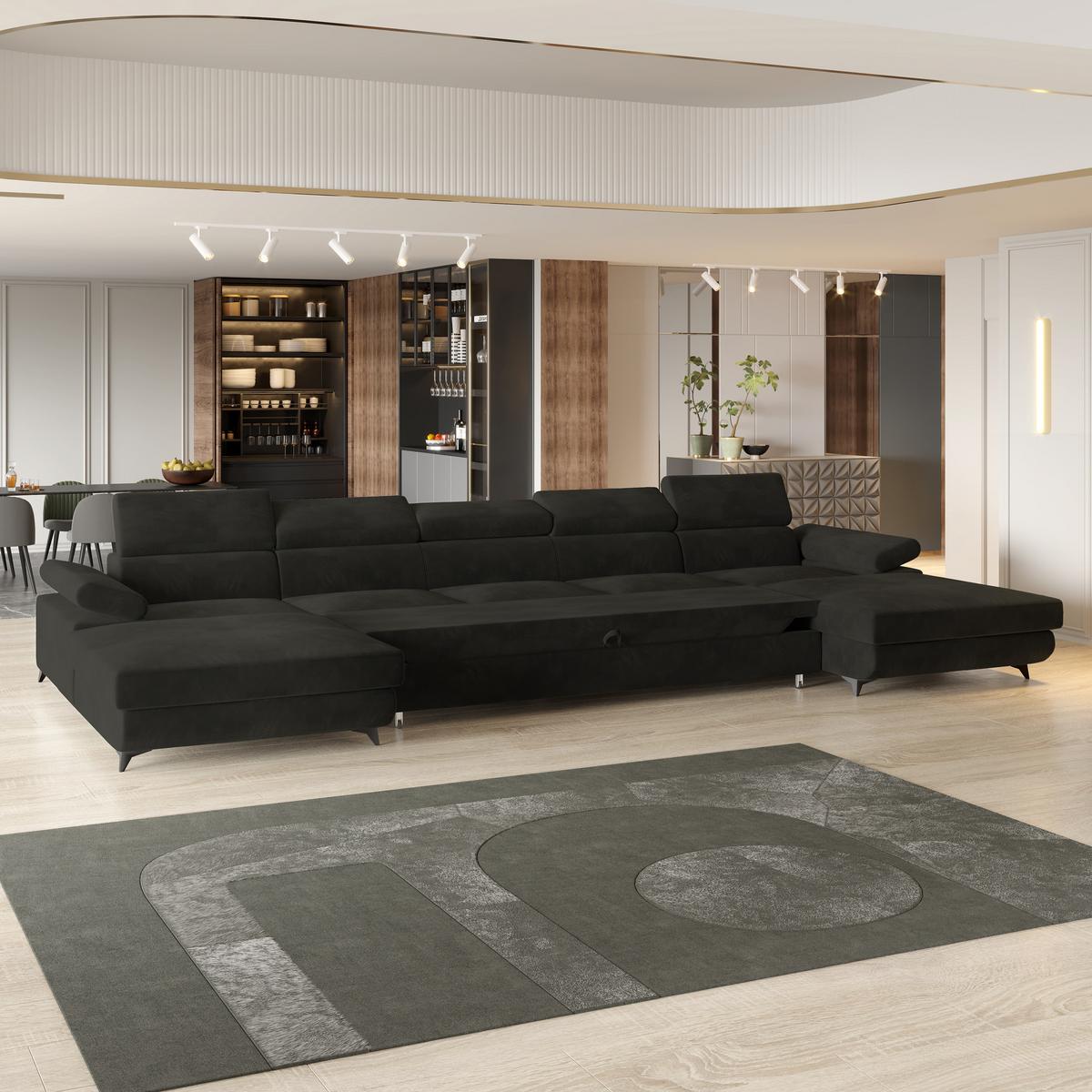 WOHNLANDSCHAFT VIVENTE Schwarz Velours-Stoff mit Schlaffunktion - Schwarz, Holz (410/89/190cm) - MASSENO