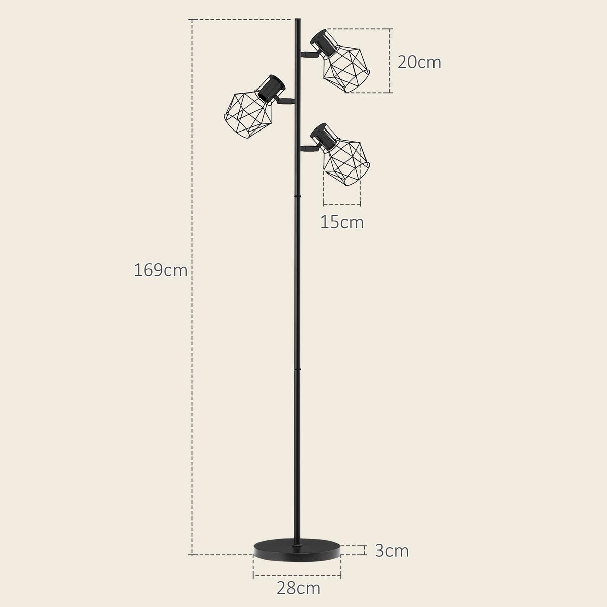 STEHLEUCHTE, Stehlampe mit 3 E27 Fassungen, 3 Flammen für Wohnzimmer, Schwarz - Schwarz, Metall (41/28/169cm) - HOMCOM