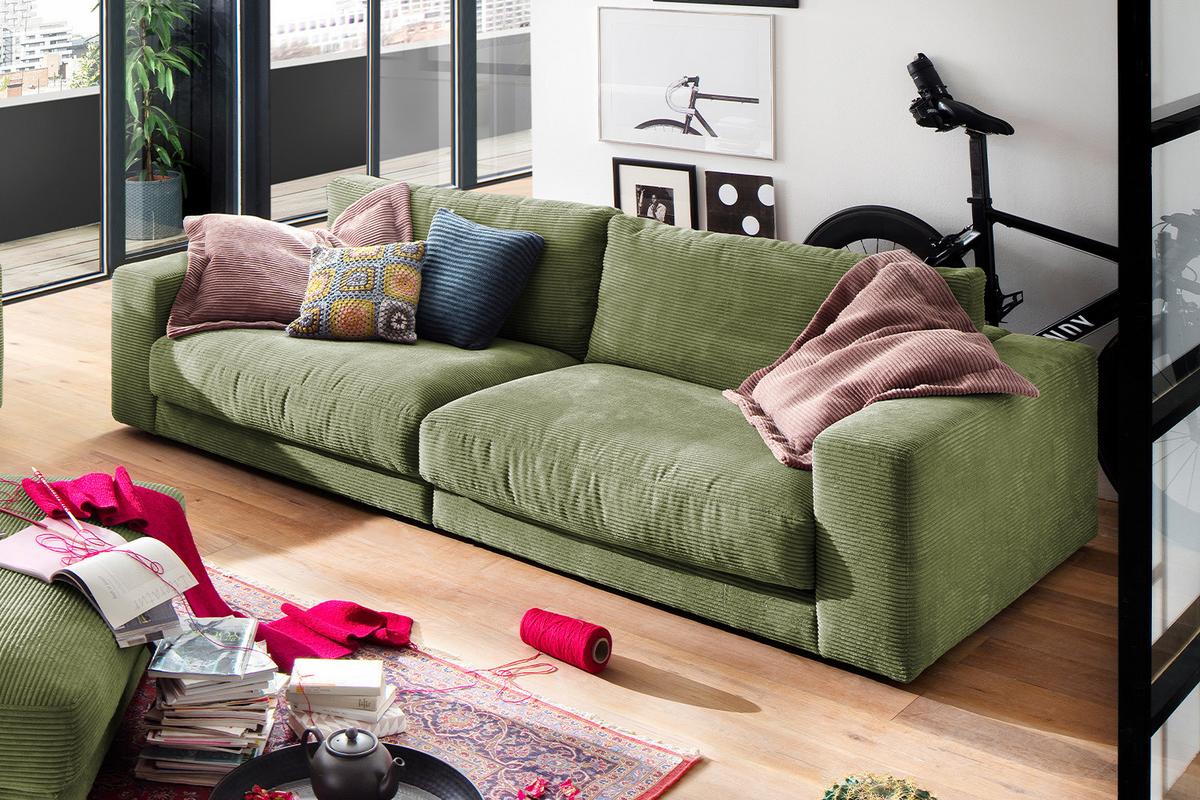 SOFA 3-SITZER MADELINE Grün Cord - Schwarz/Olivgrün, Textil (290/85/127cm) - KAWOLA