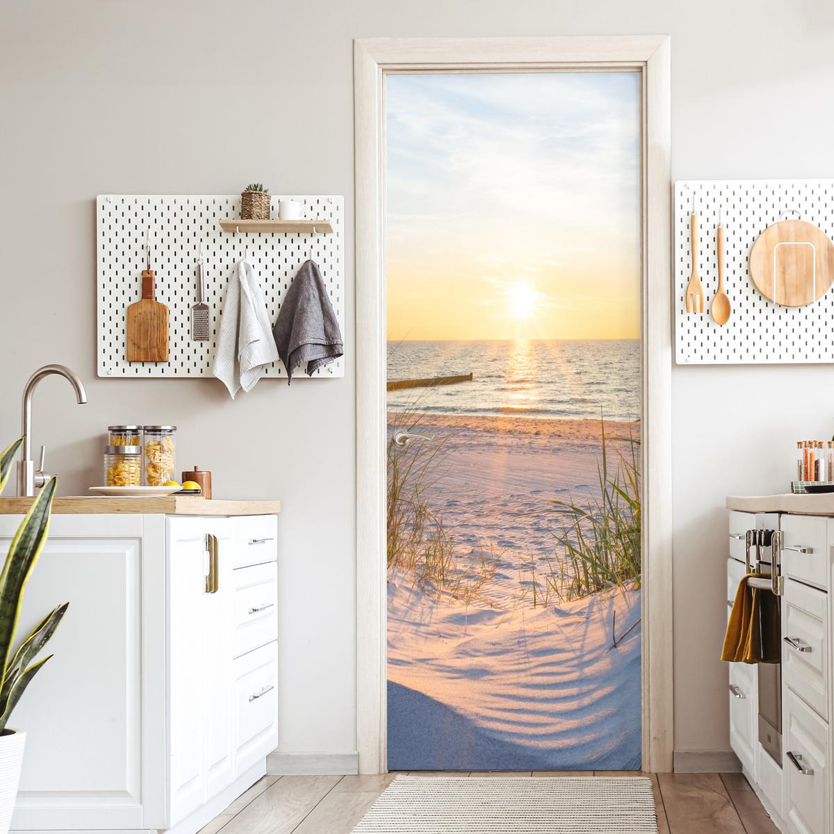 TÜRAUFKLEBER Strand - Sonne - Düne - Gras - Sand - Horizont 90x235 cm - Türtapete - Dunkelgelb, Kunststoff (90/0.1cm) - MuchoWow