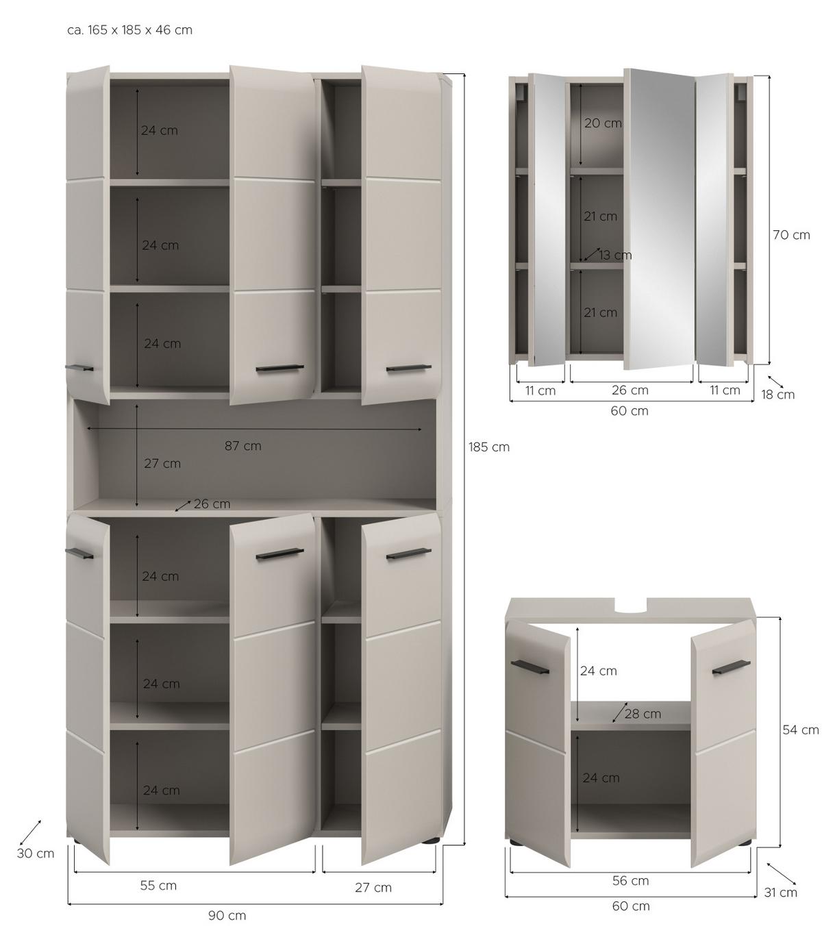 BADMÖBEL-SET Kaschmir 3-teilig 165 cm, Komplettset mit XXL Badschrank - Kaschmir/Schwarz, Glas/Holzwerkstoff (165/185/30cm) - Inn.Furn