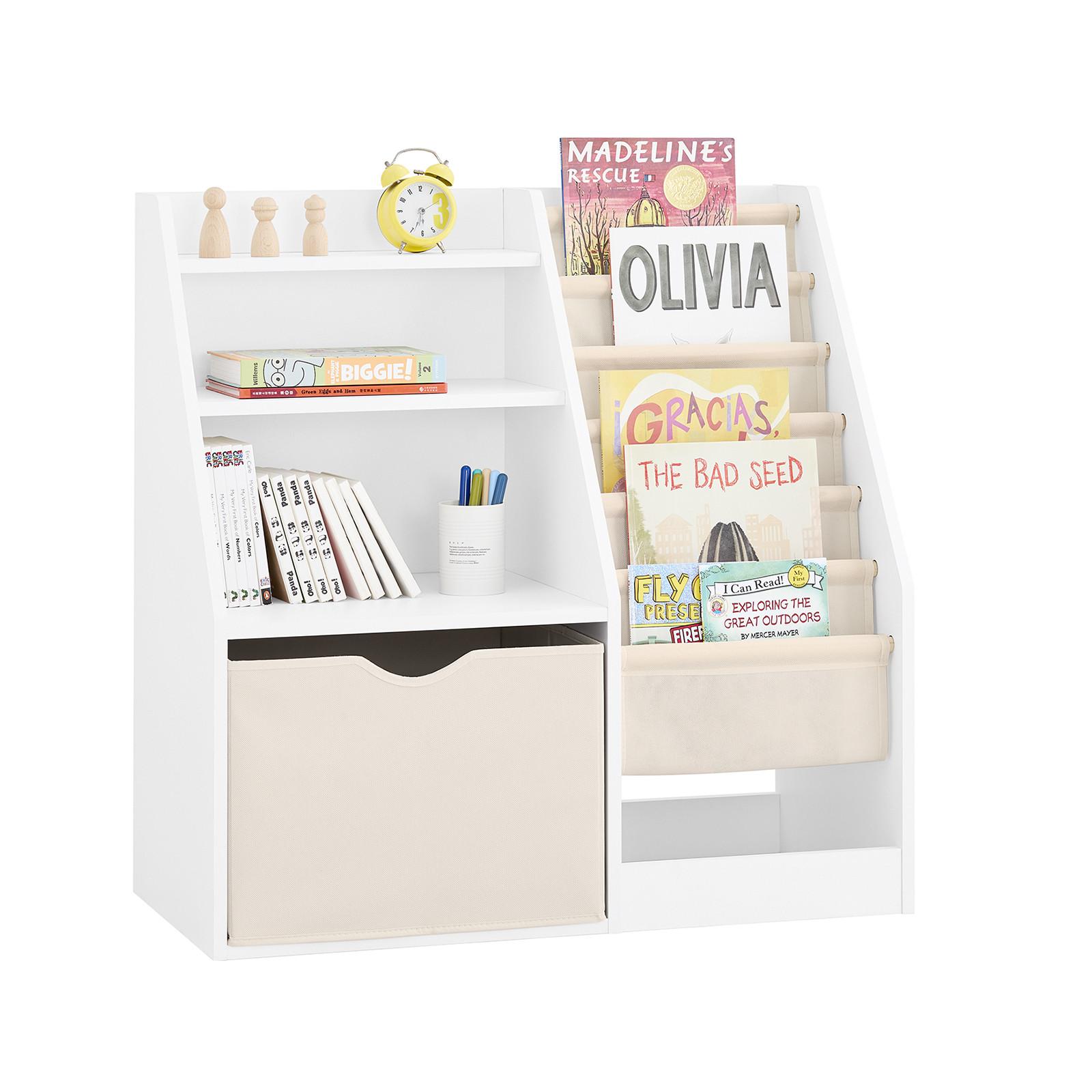 KINDER-BÜCHERREGAL mit Stofftaschen, 80x80x40cm Weiß - Weiß, Holzwerkstoff (80/80/40cm) - SoBuy
