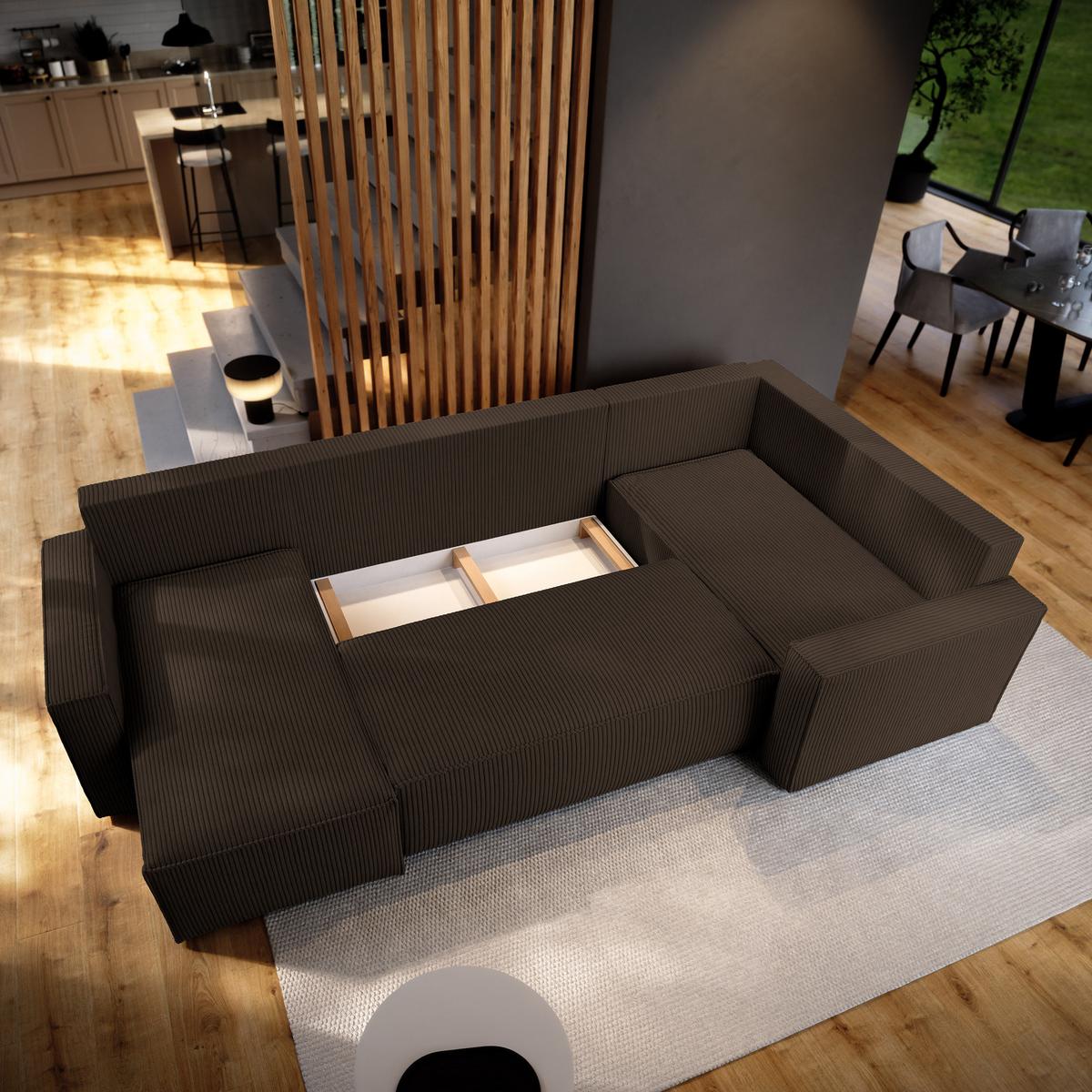 WOHNLANDSCHAFT NORENA R-S Braun Kordstoff mit Schlaffunktion - Braun, Holz (295/85/157.5cm) - MASSENO