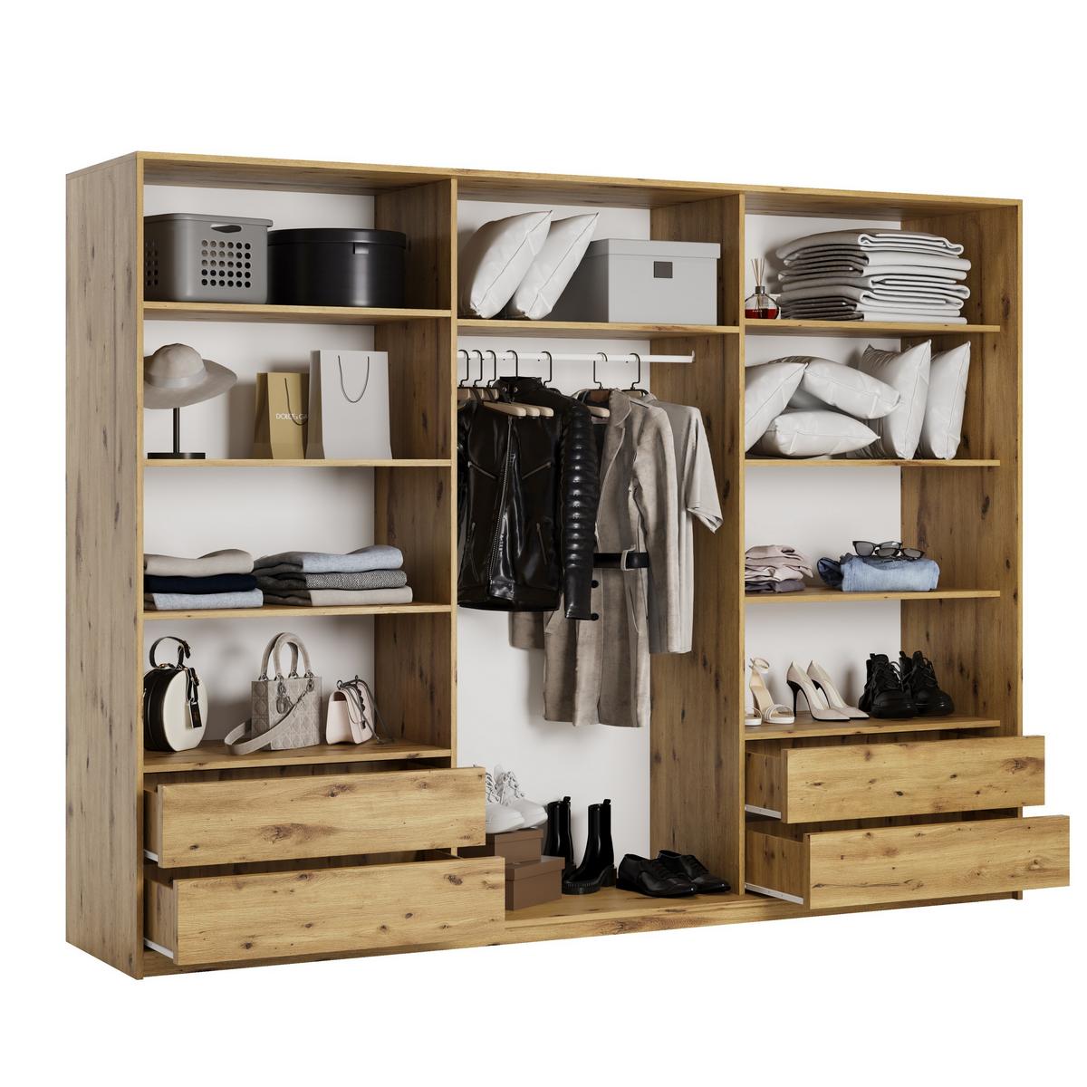SCHWEBETÜRENSCHRANK ORRA 270/205/60 cm 3-türig mit Spiegel und Lamellen Eiche Artisan - Schwarz/Eiche Artisan, Holzwerkstoff (270/205/60cm) - MASSENO
