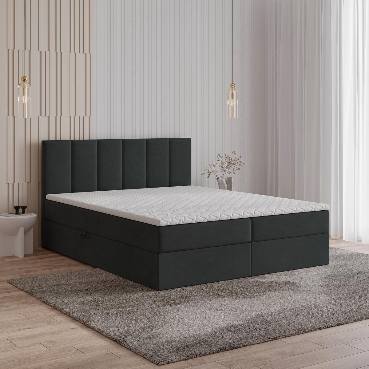 BOXBETT MERIL 200x200 cm mit Matratze und Topper, H2+H3 - Schwarz - Schwarz, Holz (200/200cm) - MASSENO