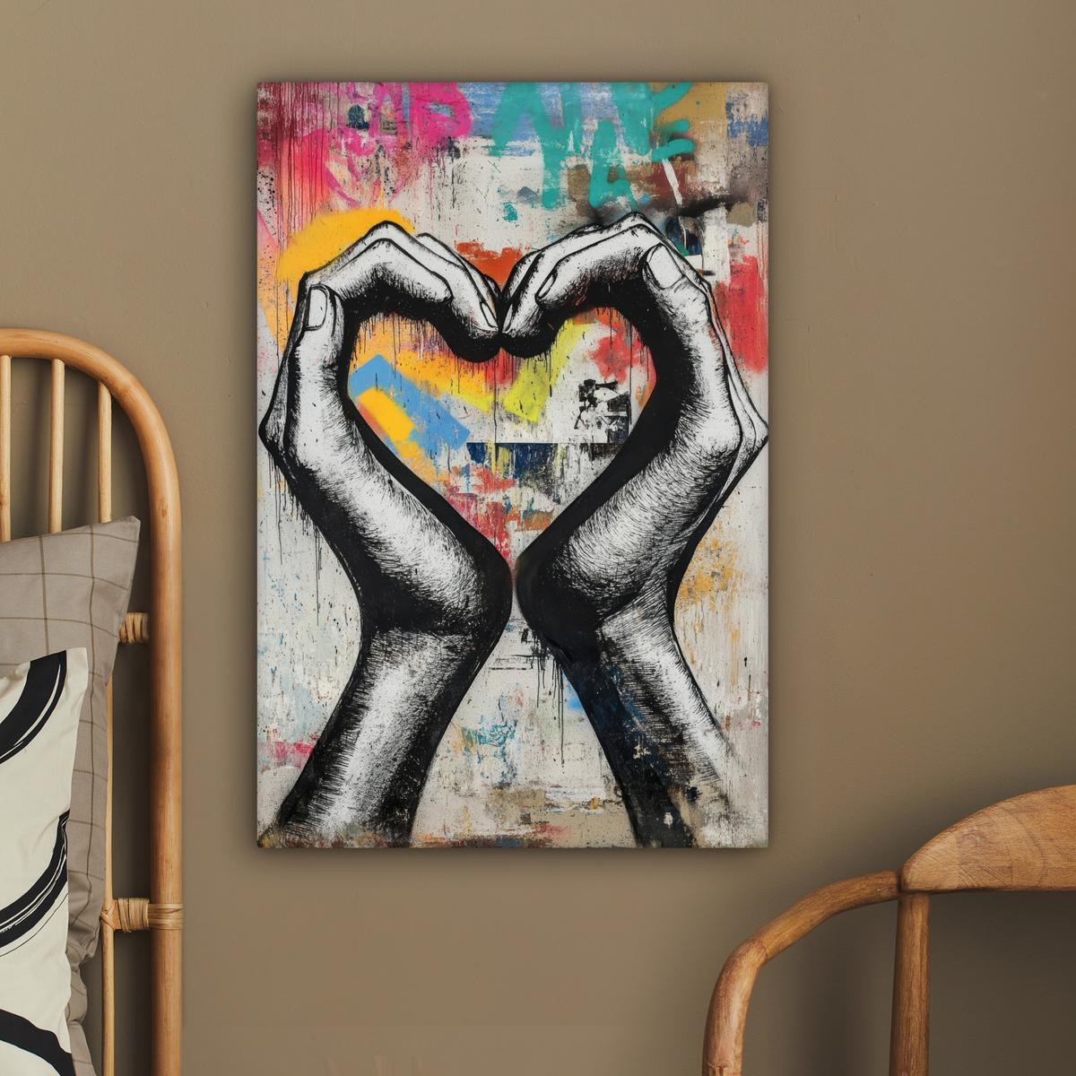 LEINWANDBILD Hände - Herz - Straßenkunst - Graffiti Wanddeko 40x60 cm - Multicolor, Textil (40/60cm) - MuchoWow