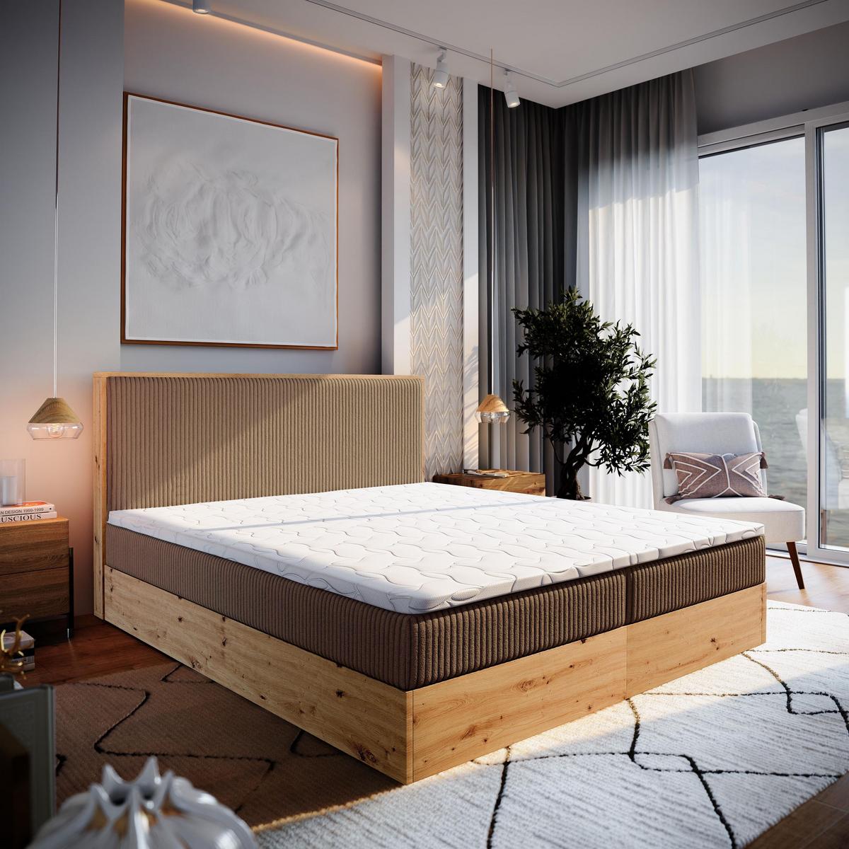 BOXBETT VERDON 180x200 cm mit Matratze und Topper - Braun - Braun, Holz (180/200cm) - MASSENO
