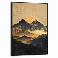 LEINWAND Bilder mit Rahmen - Goldene Berge bei Mondschein - 60x80 - Goldfarben, Textil (60/80cm) - MuchoWow