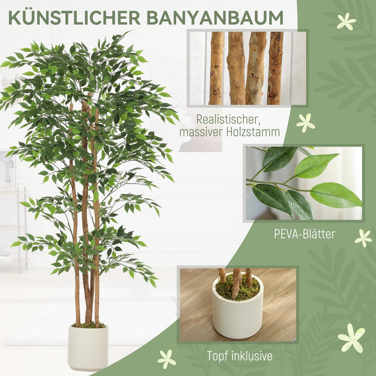 KÜNSTLICHER Banyanbaum 180 cm Kunstpflanze mit Massivholzstamm, Topf, Grün - Grün, Kunststoff (180cm) - HOMCOM