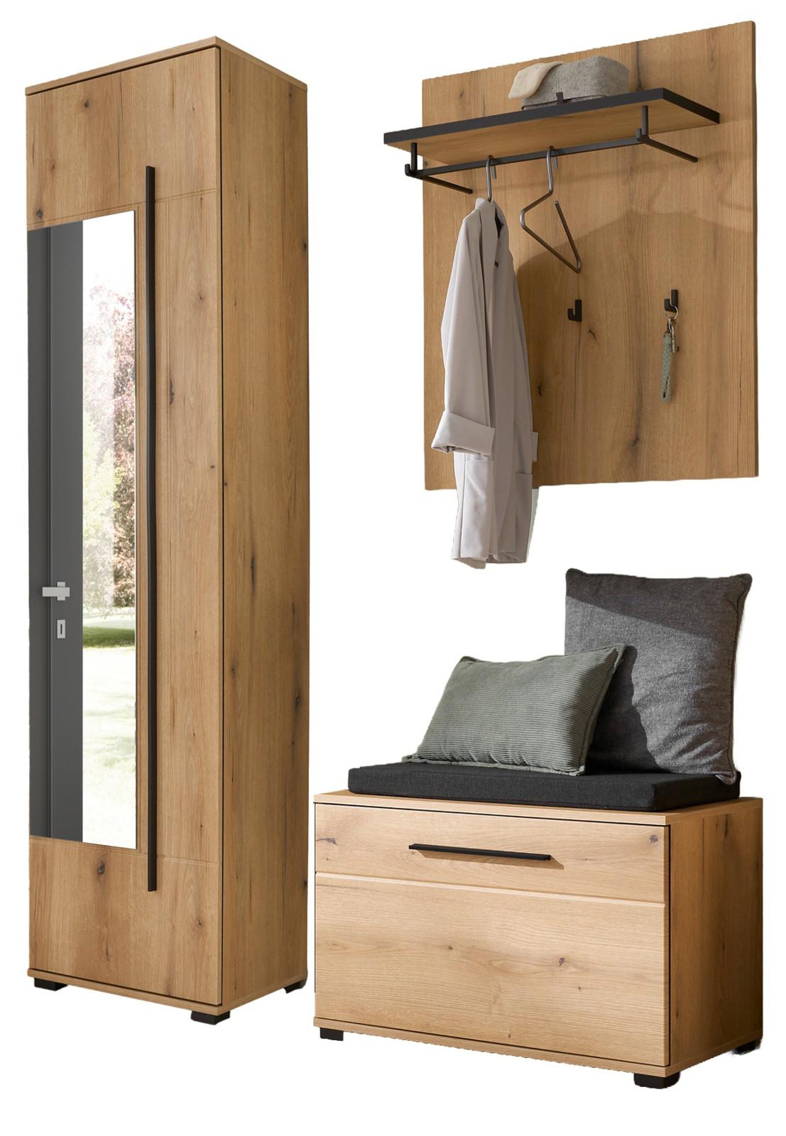 GARDEROBEN-SET Evoke Eiche 4-teilig 140 cm, Flurgarderobe mit Spiegel - Dunkelgrau/Eichefarben, Glas/Holzwerkstoff (140/200/40cm) - Furn.Design