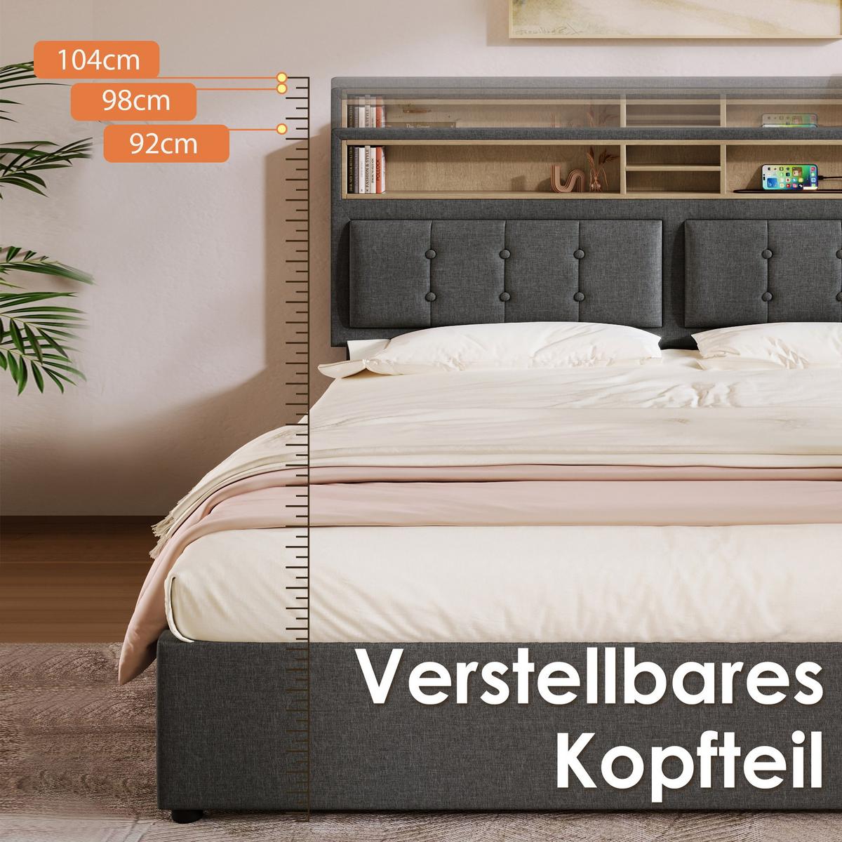 POLSTERBETT Grau 160x200cm mit Stauraum & USB-Anschluss - Grau, Holzwerkstoff/Textil (160/200cm) - Urban Meuble