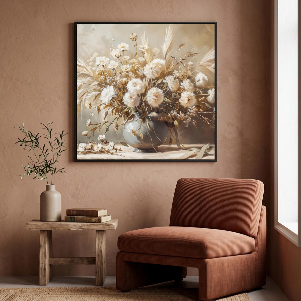 LEINWAND Bilder mit Rahmen - Blumen - Vase - Stilleben - Beige - 90x90 - Creme, Textil (90/90cm) - MuchoWow