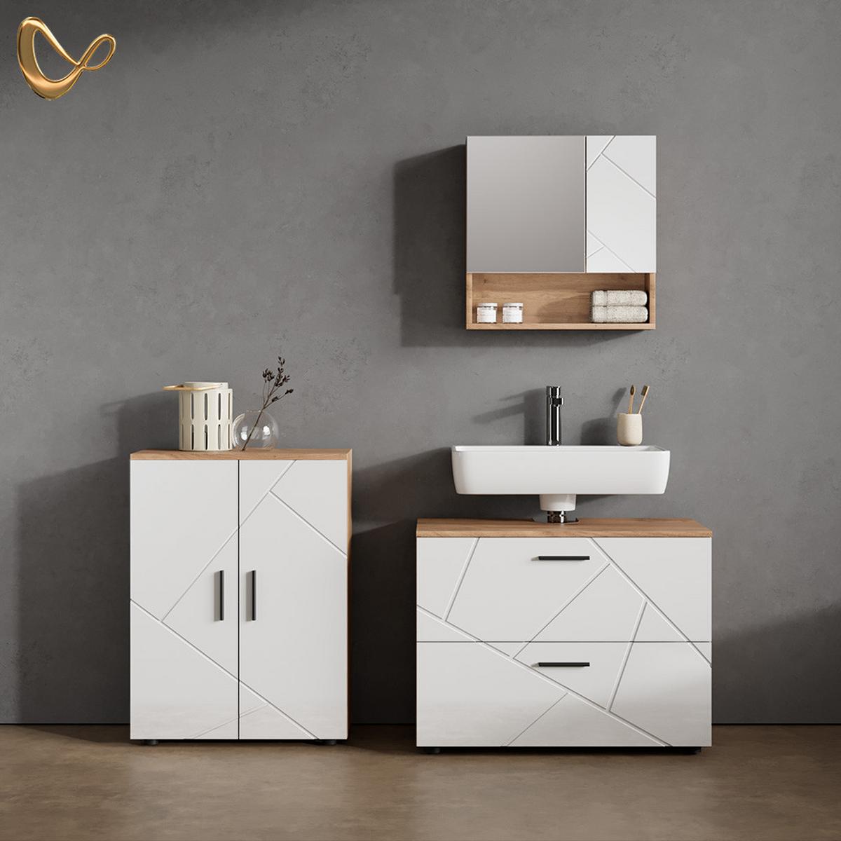 BADMÖBEL-SET Ronco Weiß Hochglanz/Goldkraft Eiche 3 Teile, mit Unterschrank 80 cm - Honigeiche/Weiß Hochglanz, Holzwerkstoff (80/58/41cm) - Livinity®