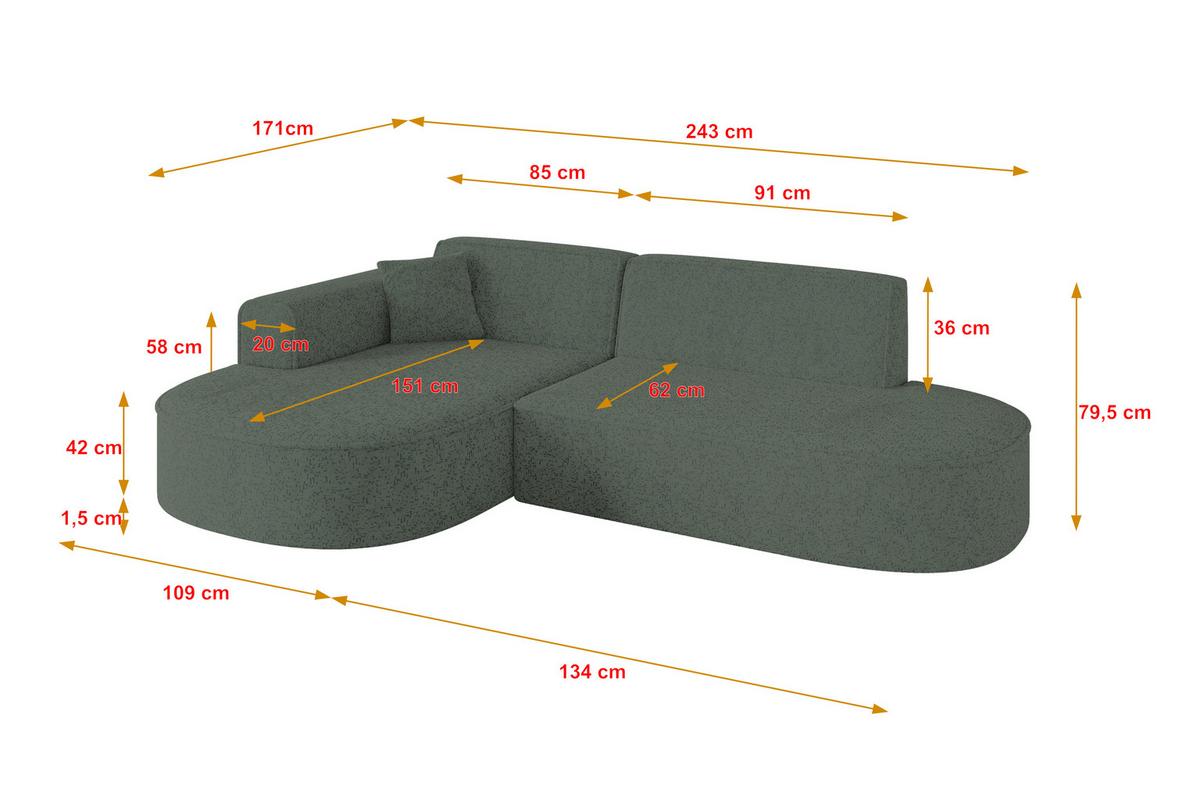 ECKSOFA Ottomane Links MARI-L1 - 243x171x79 cm Grün Tissu - Schwarz/Grün, Holzwerkstoff/Kunststoff (243/171cm) - ALTDECOR