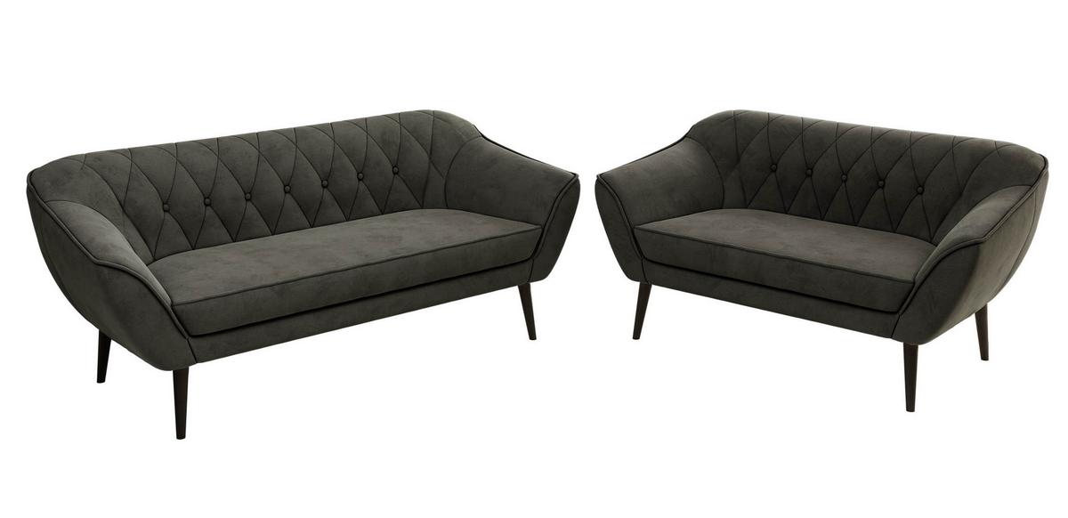 SITZGARNITUR PIRS 3+2 - Dunkelgrau Velvet - Schwarze Beine - Dunkelgrau/Schwarz, Holzwerkstoff/Textil (180/75/74cm) - MKS