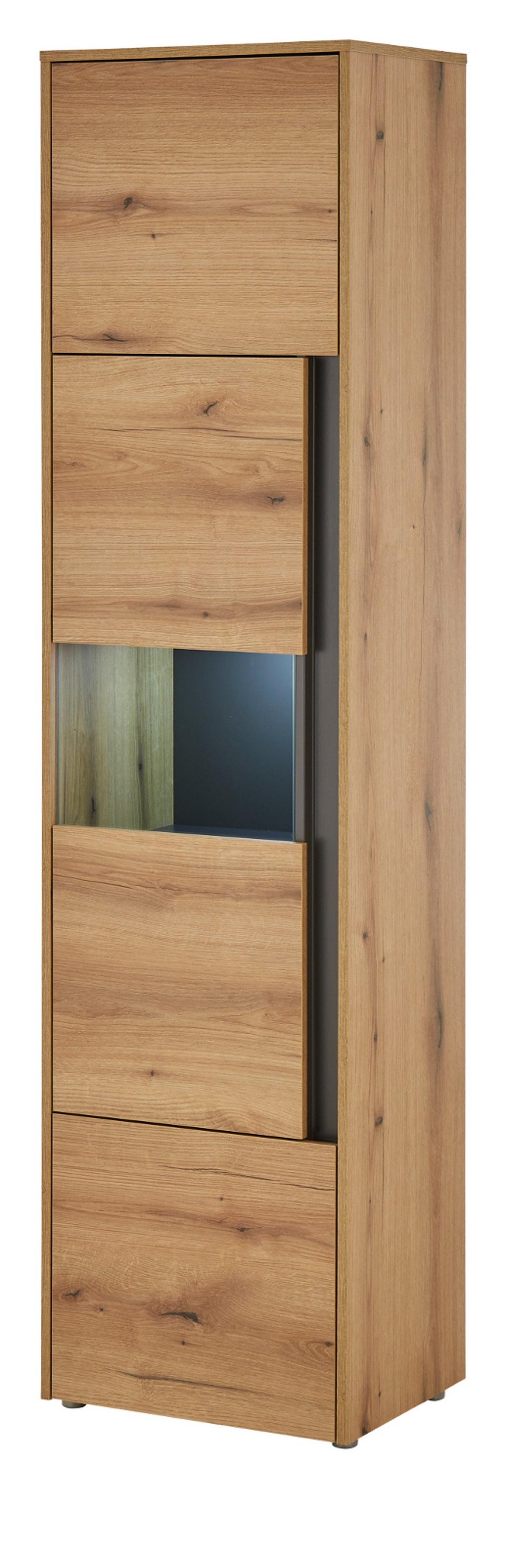 VITRINE Eiche Evoke 50 x 197 cm, Vitrinenschrank 3-türig mit 5 Fächern - Eichefarben/Schwarz, Glas/Holzwerkstoff (50/197/40cm) - Furn.Design