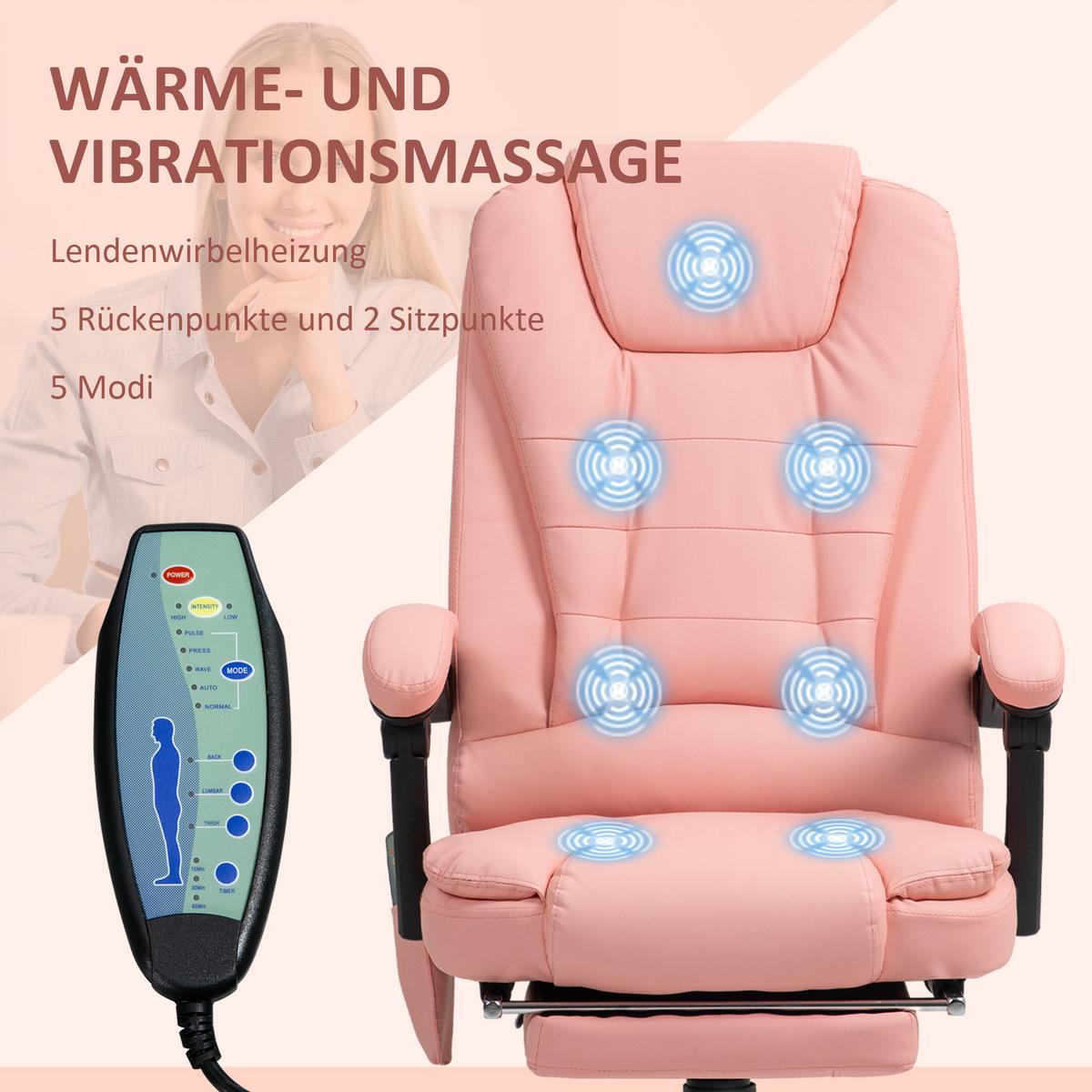 CHEFSESSEL mit 7 Punkt Massage, ergonomischer Gaming Sessel mit Liegefunktion - Schwarz/Rosa, Kunststoff/Metall (67/121/79cm) - Vinsetto