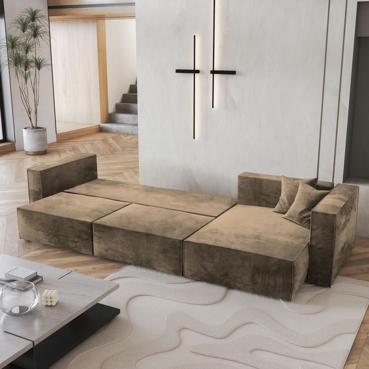 ECKSOFA TOLMO M Beige Velours-Stoff mit Schlaffunktion - Beige/Grau, Holz/Kunststoff (347/148cm) - MASSENO