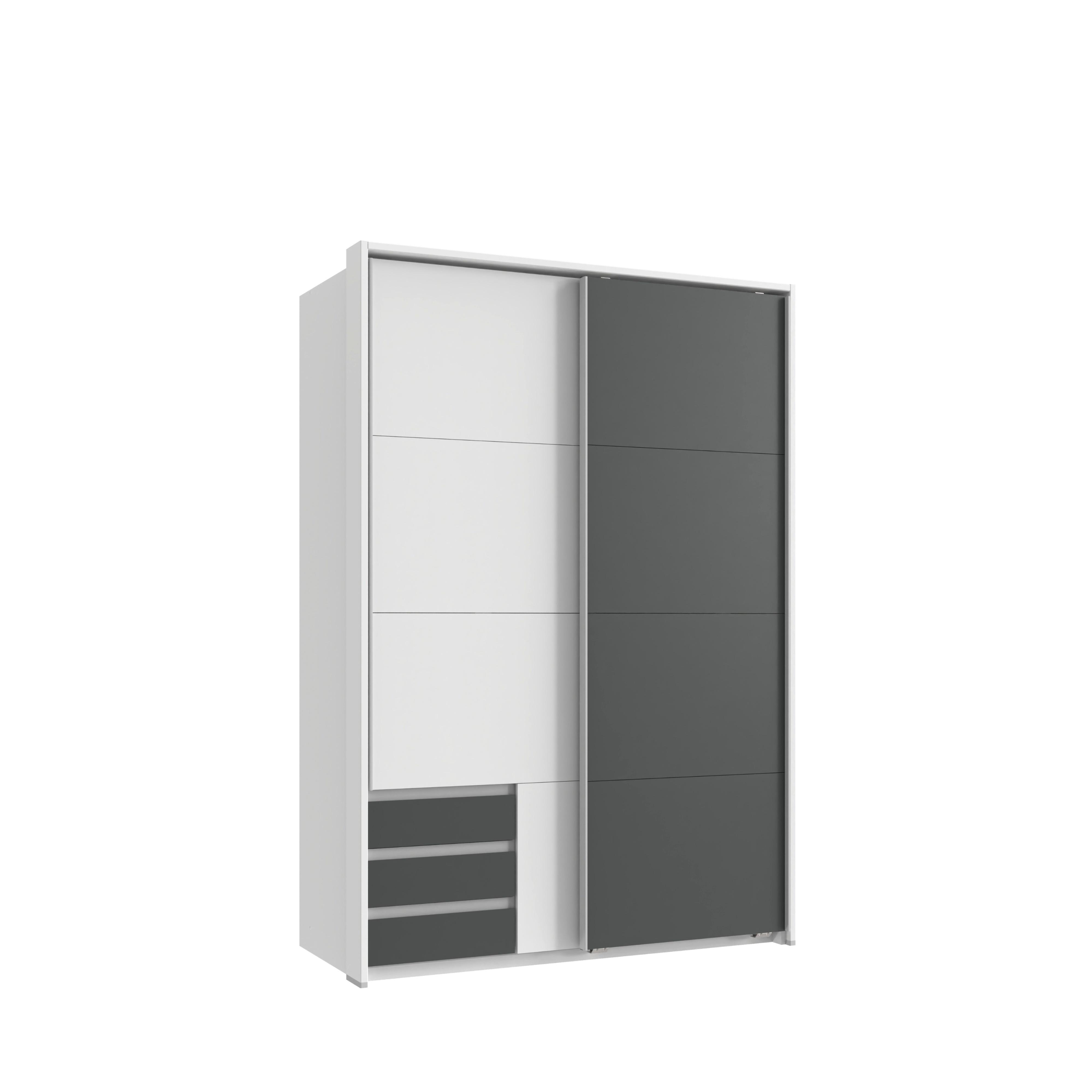 SCHWEBETÜRENSCHRANK 2-türig B138/H200/T65 cm, Passepartout-Kleiderschrank in Weiß, 1x Tür & sichtbare Schubkästen in Grafit / 22668 - Graphitfarben/Alufarben, Holz/Holzwerkstoff (138/200/65cm) - luma-home