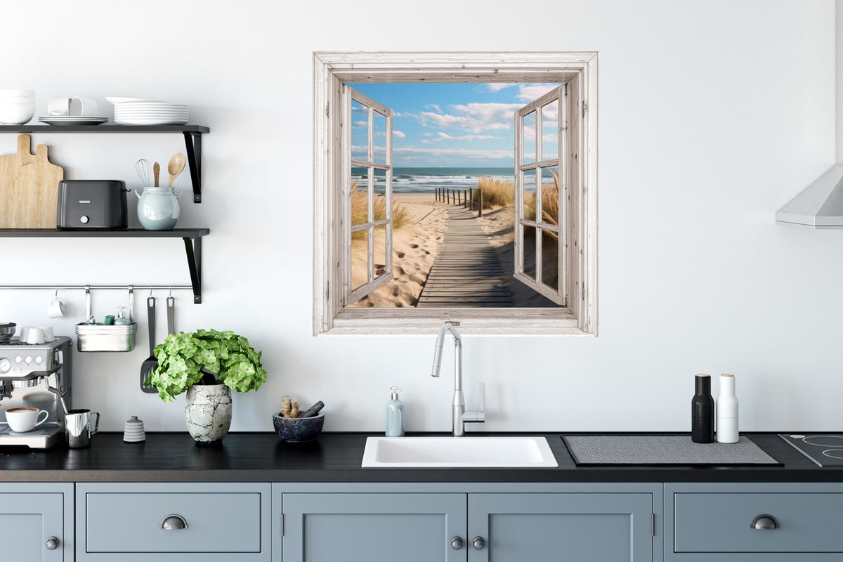WANDTATTOO Fenster - Meer - Küste - Natur - Ausblick - Strand - Wattenmeer Wanddeko 50x50 cm - Beige, Kunststoff (50/50/0.1cm) - MuchoWow