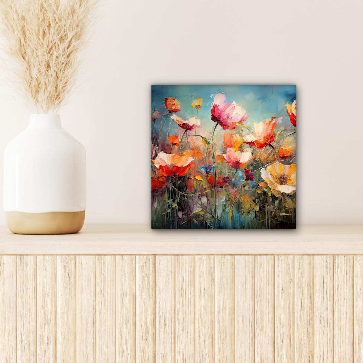 LEINWANDBILD Blumen - Aquarell - Kunst - Botanisch - Natur Deko Wohnzimmer 20x20 cm - Orange, Textil (20/20cm) - MuchoWow