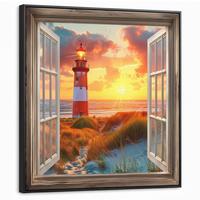 LEINWAND Bilder mit Rahmen - Aussicht - Fenster - Leuchtturm - Sonnenuntergang - Strand - 90x90 - Dunkelorange, Textil (90/90cm) - MuchoWow