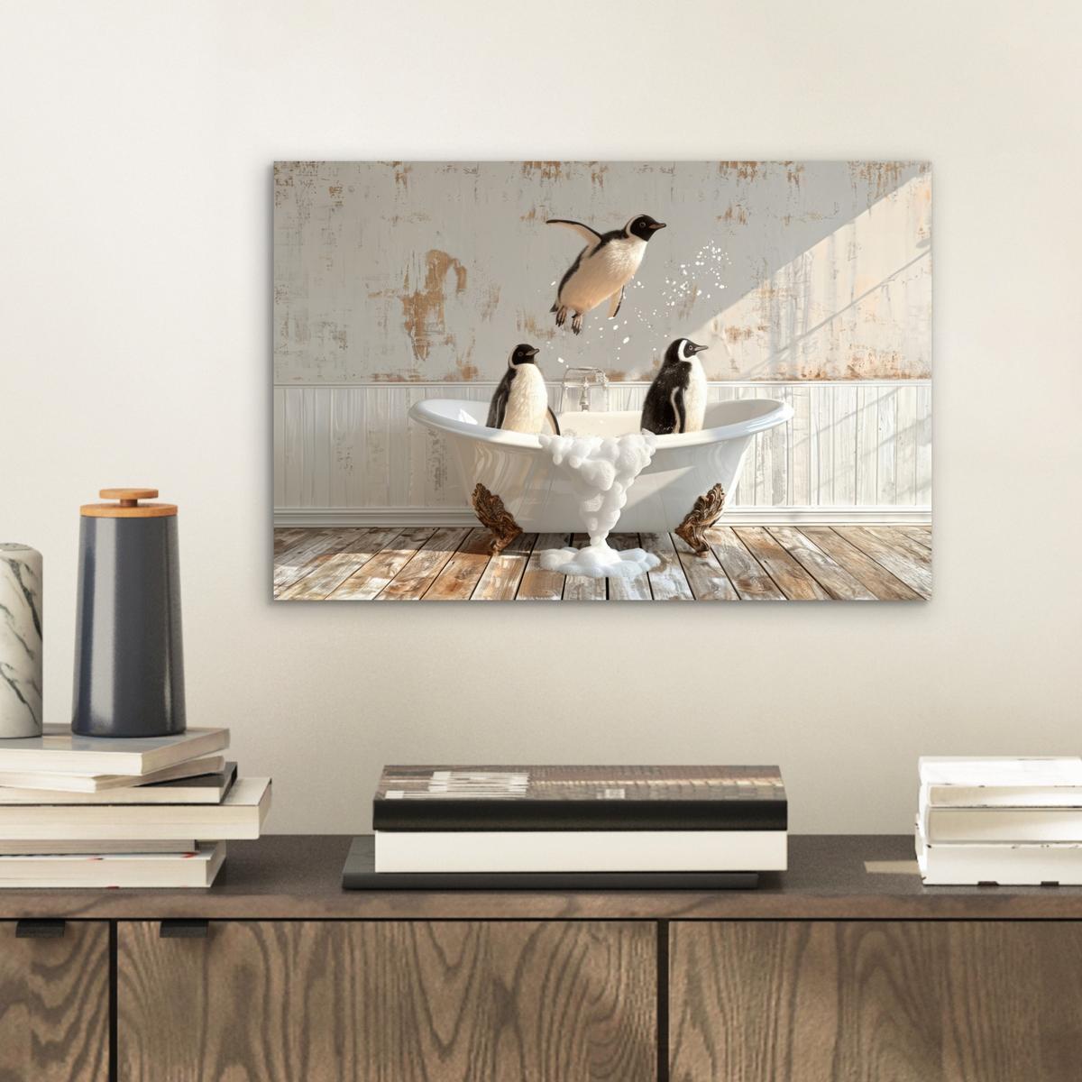 METALLBILD Vintage - Pinguin - Badewanne - Schaumstoff 30x20 cm - Schwarz, Metall (30/20cm) - MuchoWow