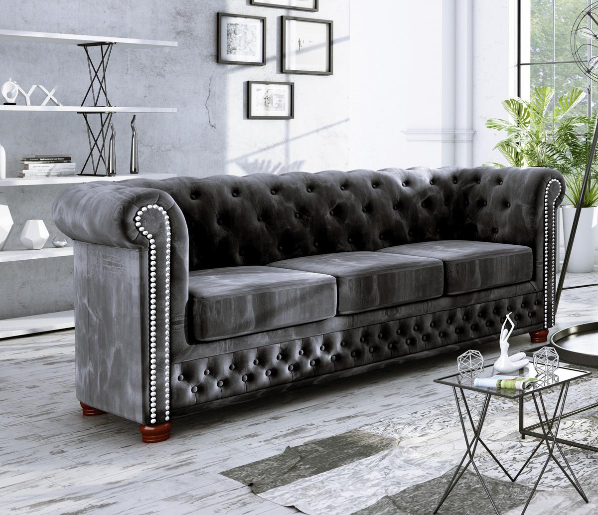 SITZGARNITUR 3+2+1 Chesterfield Lauren Schwarz Samt - Schwarz/Braun, Holz/Textil (203/72/86cm) - S-Style Möbel