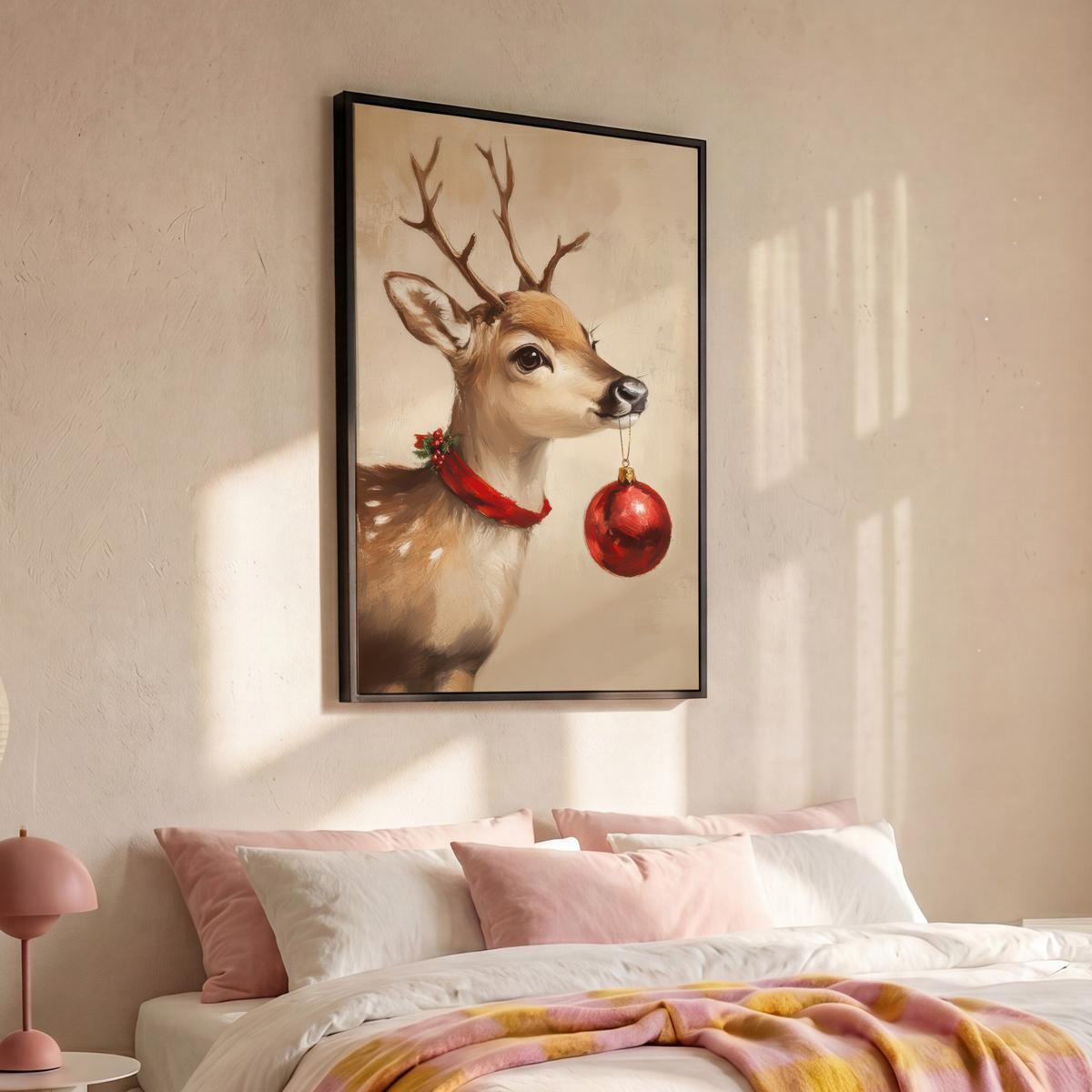 LEINWAND Bilder mit Rahmen - Weihnachten - Hirsch - Geweih - Weihnachtskugel - Rentier - 80x120 - Hellbraun, Textil (80/120cm) - MuchoWow
