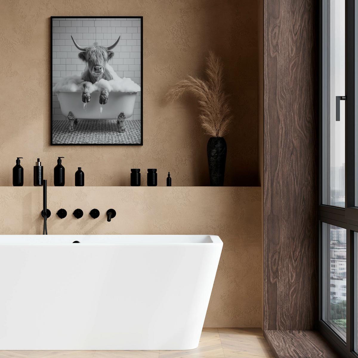 POSTER für WC Badezimmer SCHOTTISCHE KUH in Badewanne Schwarz-Weiß Abstraktion 20x30cm - Schwarz/Weiß, Papier (20/30/30cm) - Muralo