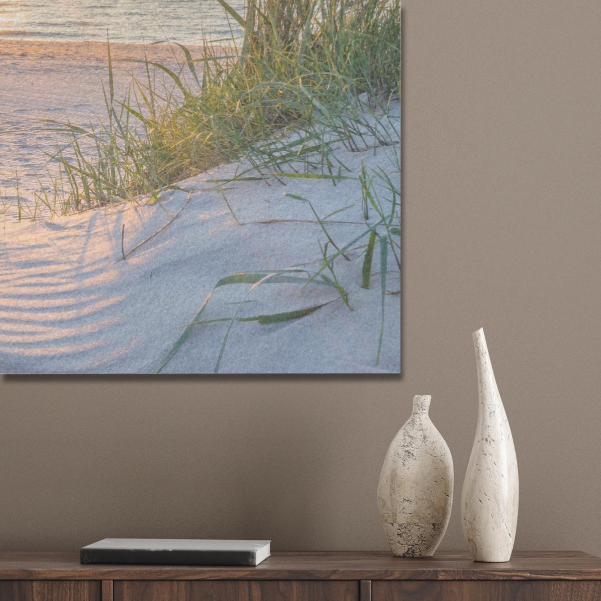AKUSTIKBILD Strand - Sonne - Düne - Gras - Sand - Horizont Gemälde 80x60 cm - Hellblau, Kunststoff (80/60/0.9cm) - MuchoWow