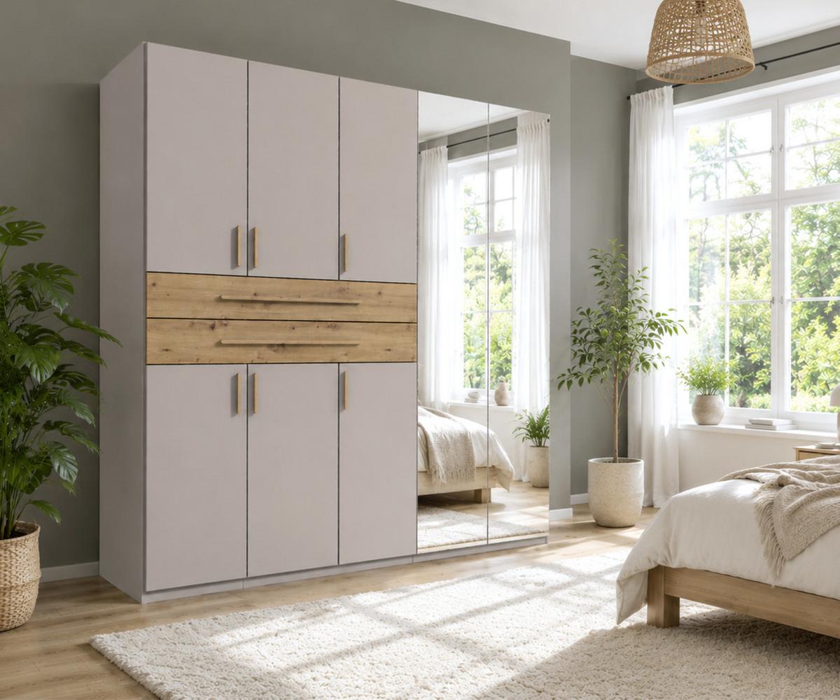 DREHTÜRENSCHRANK B225/H208/T58 cm Beige Grau, Kleiderschrank mit 2 Spiegeltüren, 2 großen Schubkästen & Griffen in Eiche Artisan Dekor / 22636 - Greige/Eiche Artisan, Holzwerkstoff/Kunststoff (225/208/58cm) - luma-home