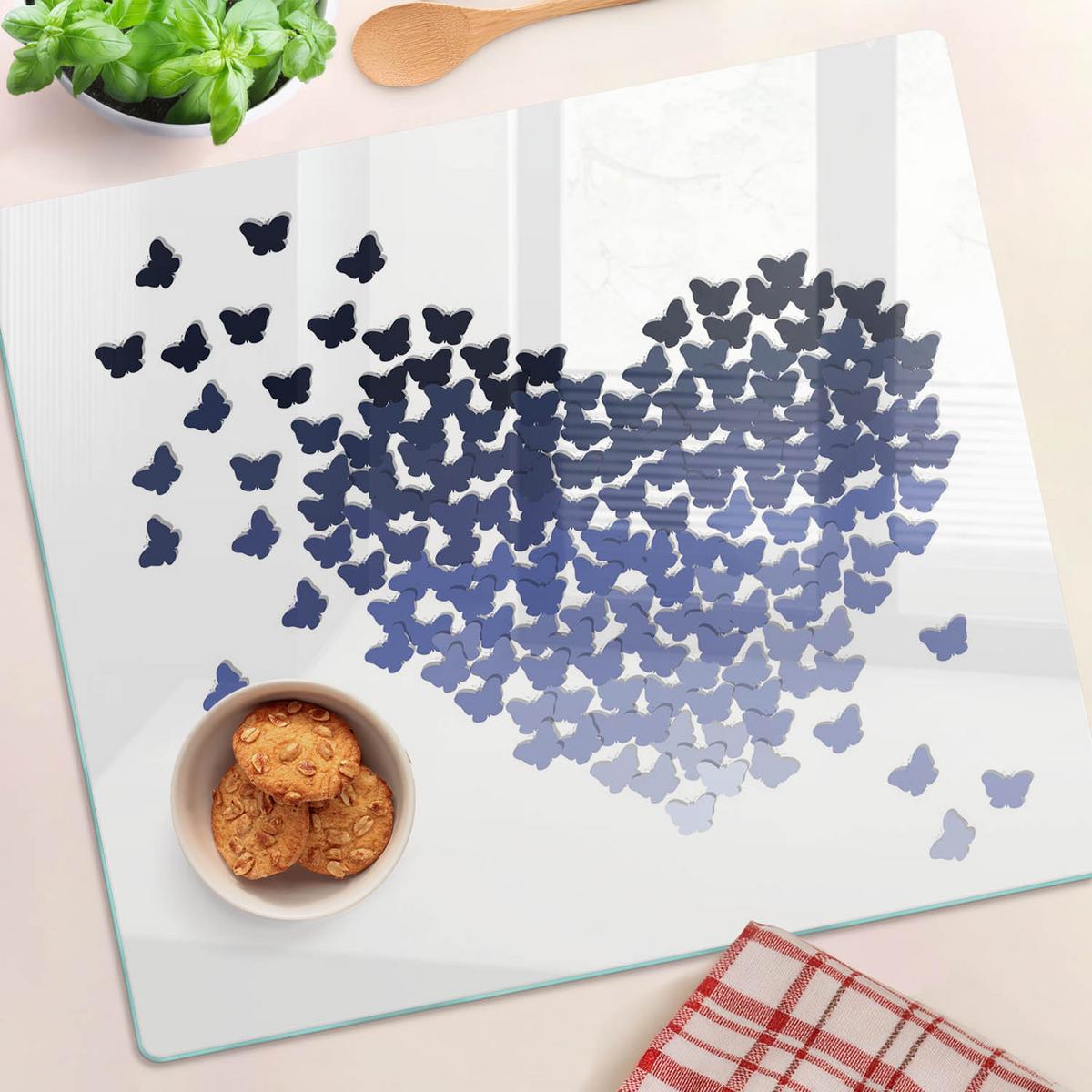 GLASPLATTE 60x52 cm Schmetterlinge Herzen - Blau, Glas (60/0.4/52cm) - TULUP